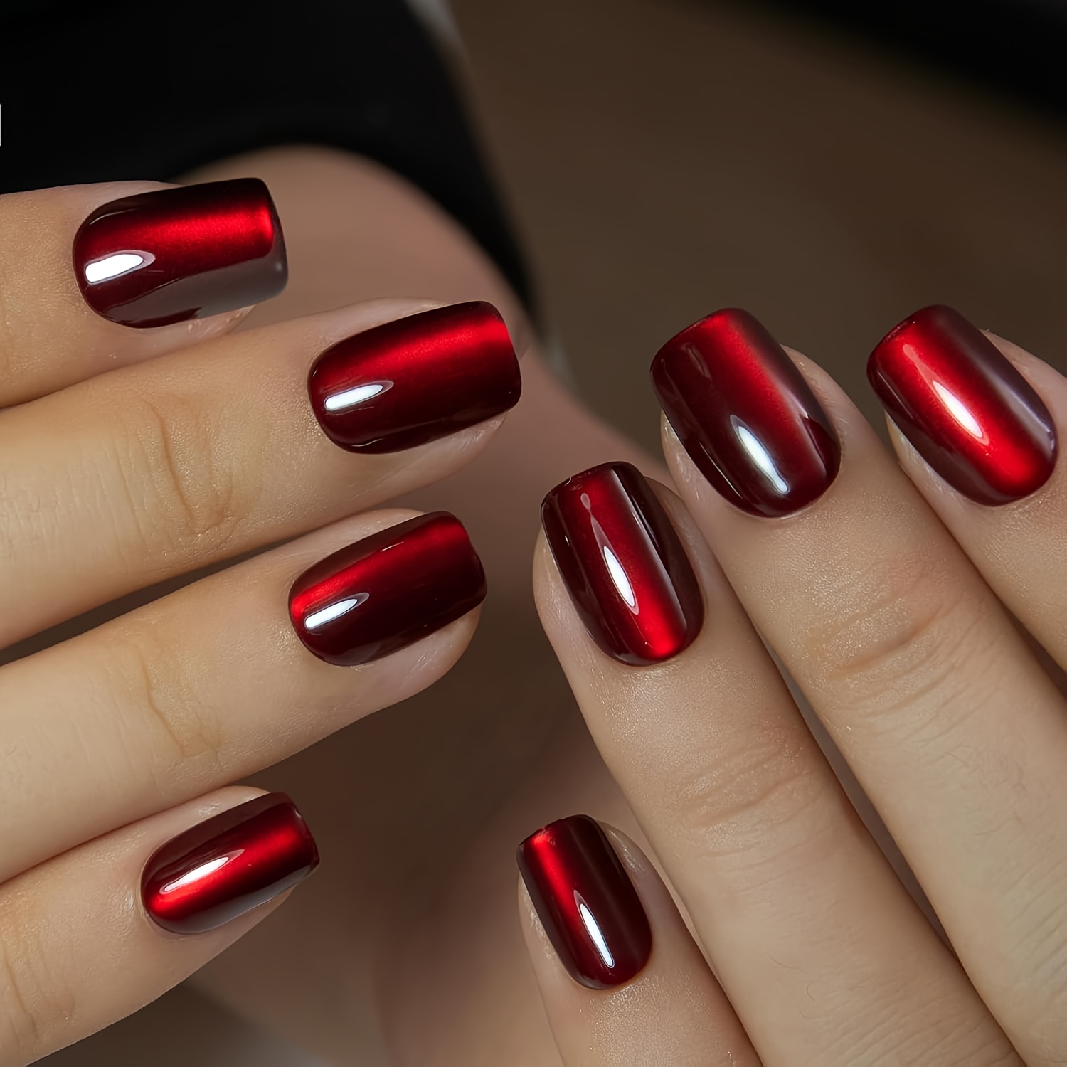 Image of 24pcs Burgundy Cat Eye Press-on Nails, Short Square Nail Art, Suitable For Women And ' Daily Wear