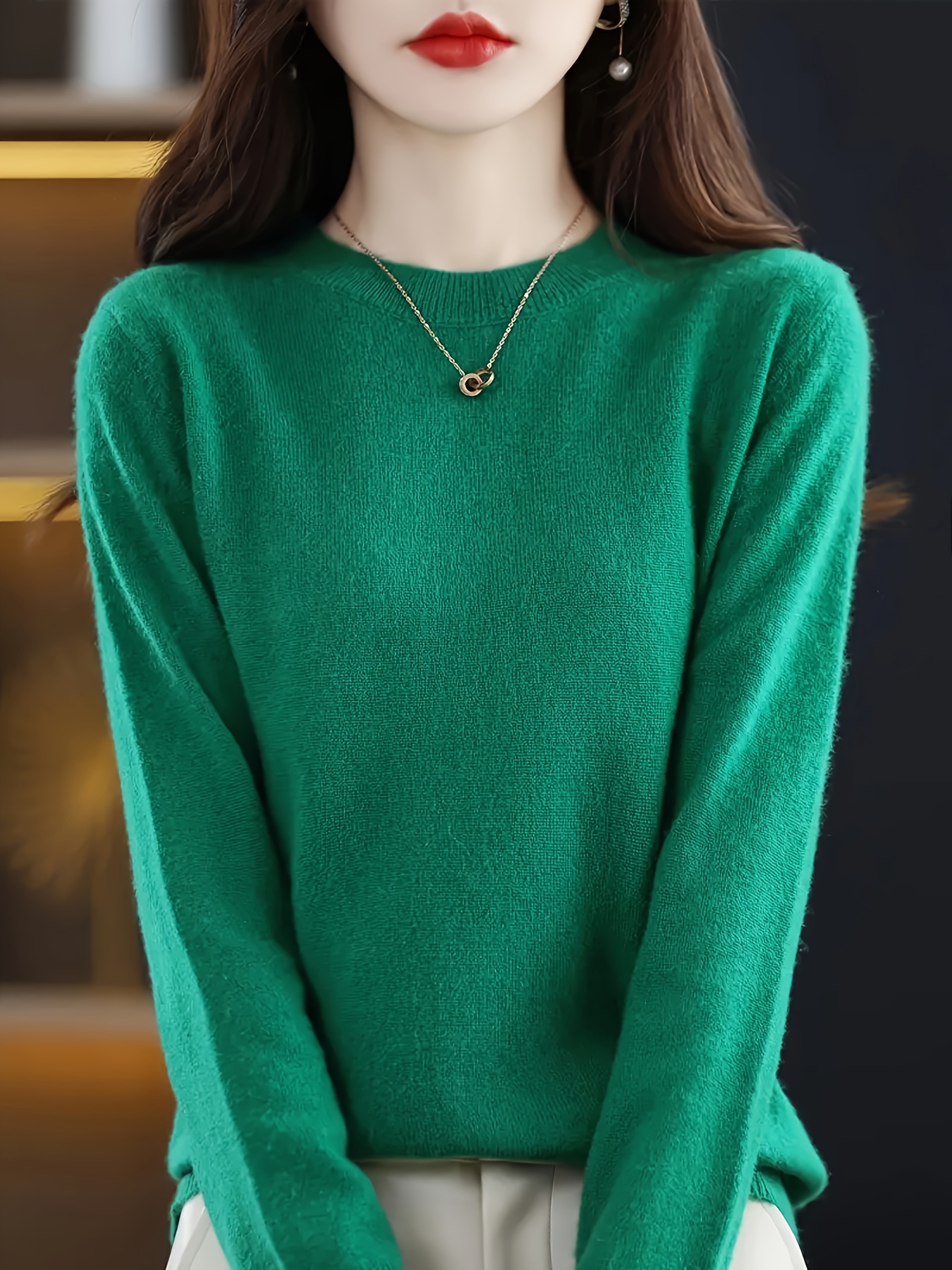 autumn and winter loose-fit round neck pullover sweater, versatile long-sleeve elegant   -  -emerald 0