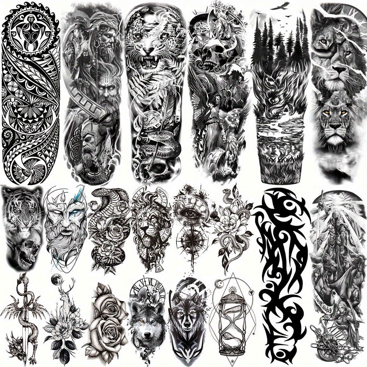 

20-piece Realistic Temporary Tattoos For Men & Women - Waterproof, Long-lasting Body Art With Lion, , Knight Designs - Perfect For Arms, Legs, Thighs