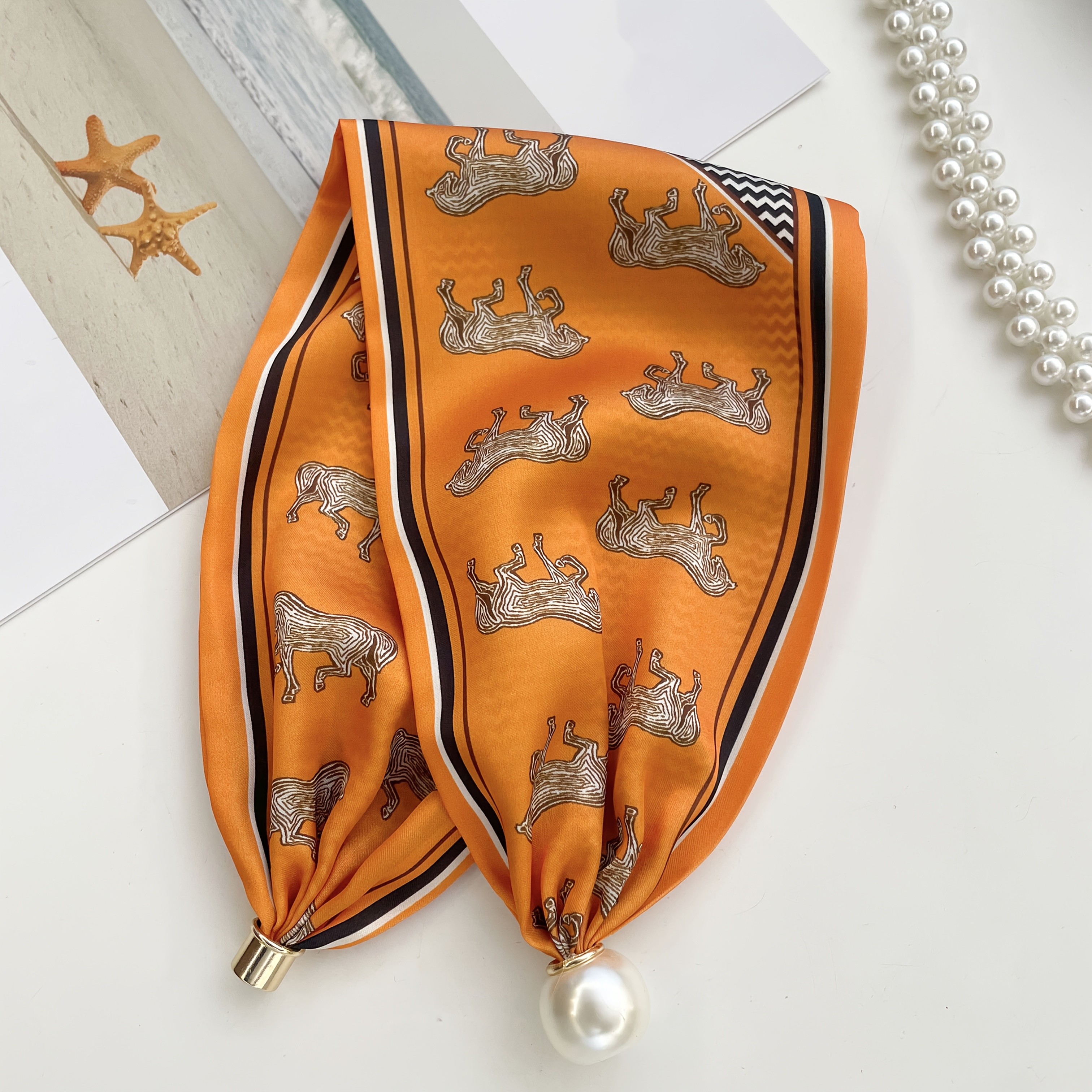 TEMU Écharpe Chauffe-Cou Orange Vif pour Femmes, Bandeau, Accessoire de Sac ou Foulard, Associé à des Nettes et des Animaliers, et de Perles Rondes,