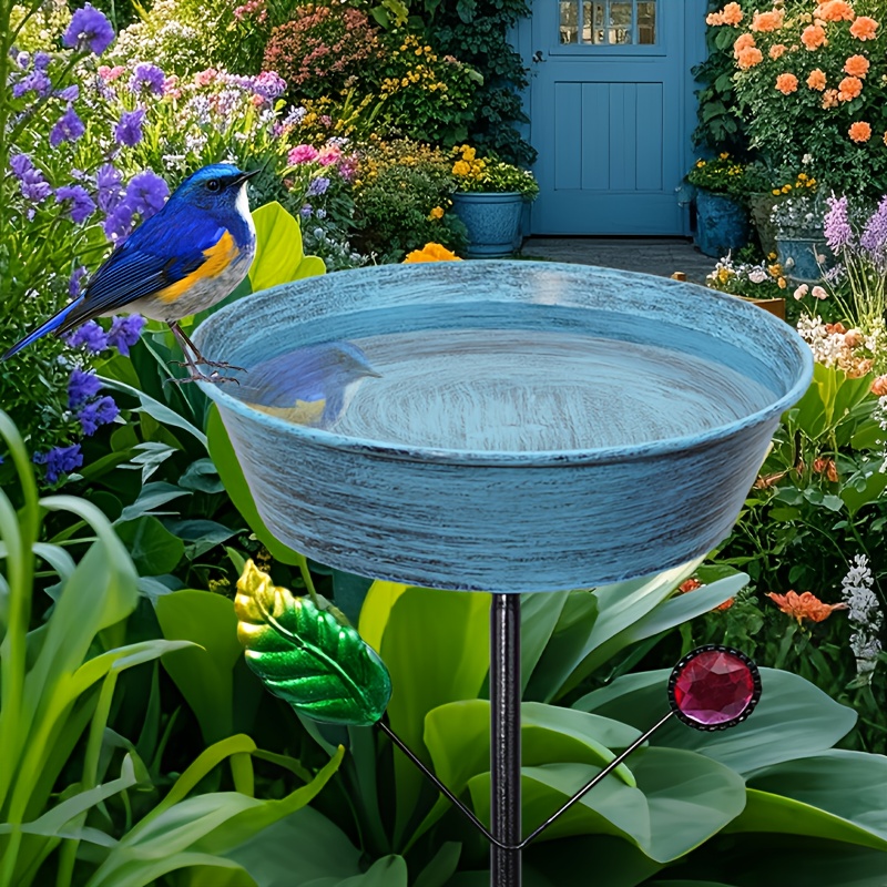 Image of Garden Metal Bird Bath, , Lightweight, Detachable And Rust-proof Cast , Metal Bird Bath With Leaves And Gems, With 5 Claw Base Piles, Outdoor Garden Patio Yard Lawn Decoration