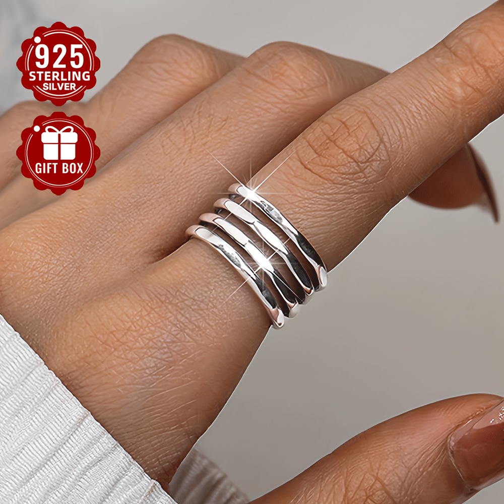 925 Pure Silvery Wide Face Ring for Women, Adjustable Retro Irregular Layer Ring