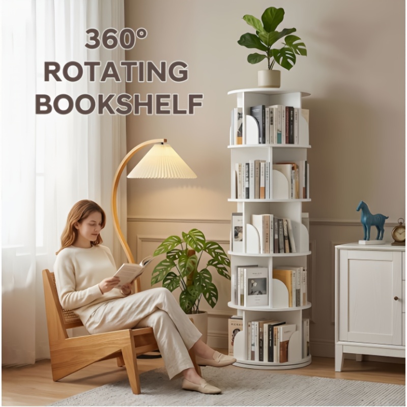 Image of 5-tier Rotating Bookshelf, White Freestanding Revolving Bookcase, 360-degree Display Rotating Bookshelf For Living Room And Bedroom With Rounded Corners