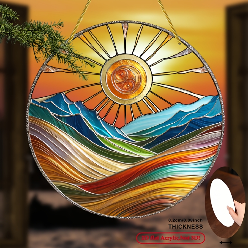 TEMU 2d Flat, Bohemian Stained 8x8 Inch Suncatcher Wall Art - Vibrant Sunshine Landscape Acrylic Decor For Indoor/outdoor Use, No Electricity Needed,