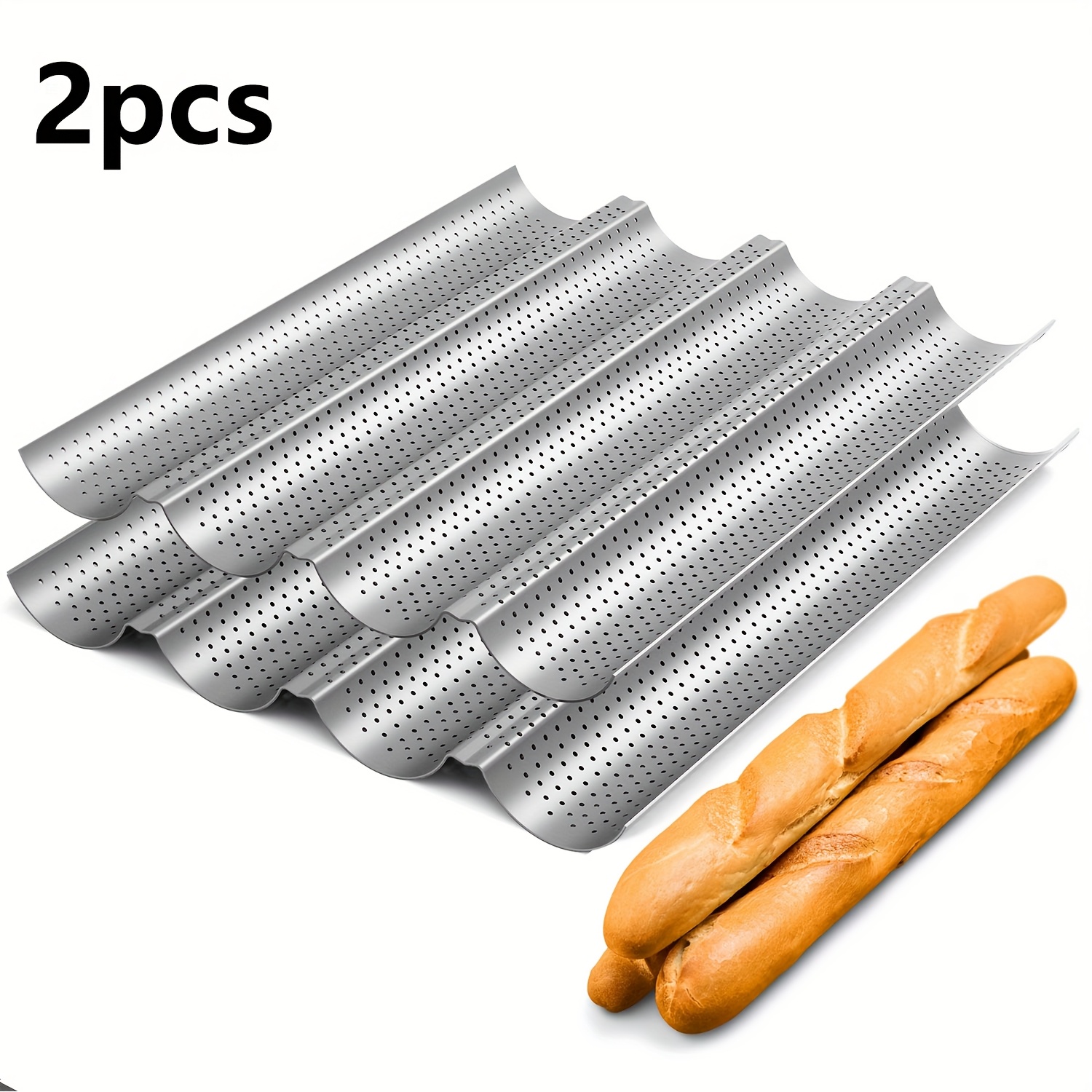 2 Pack Nonstick Perforated Baguette Pan 15" X 13" For French Bread Baking 4 Wave Loaves Loaf Bake Mold Pan (silvery)