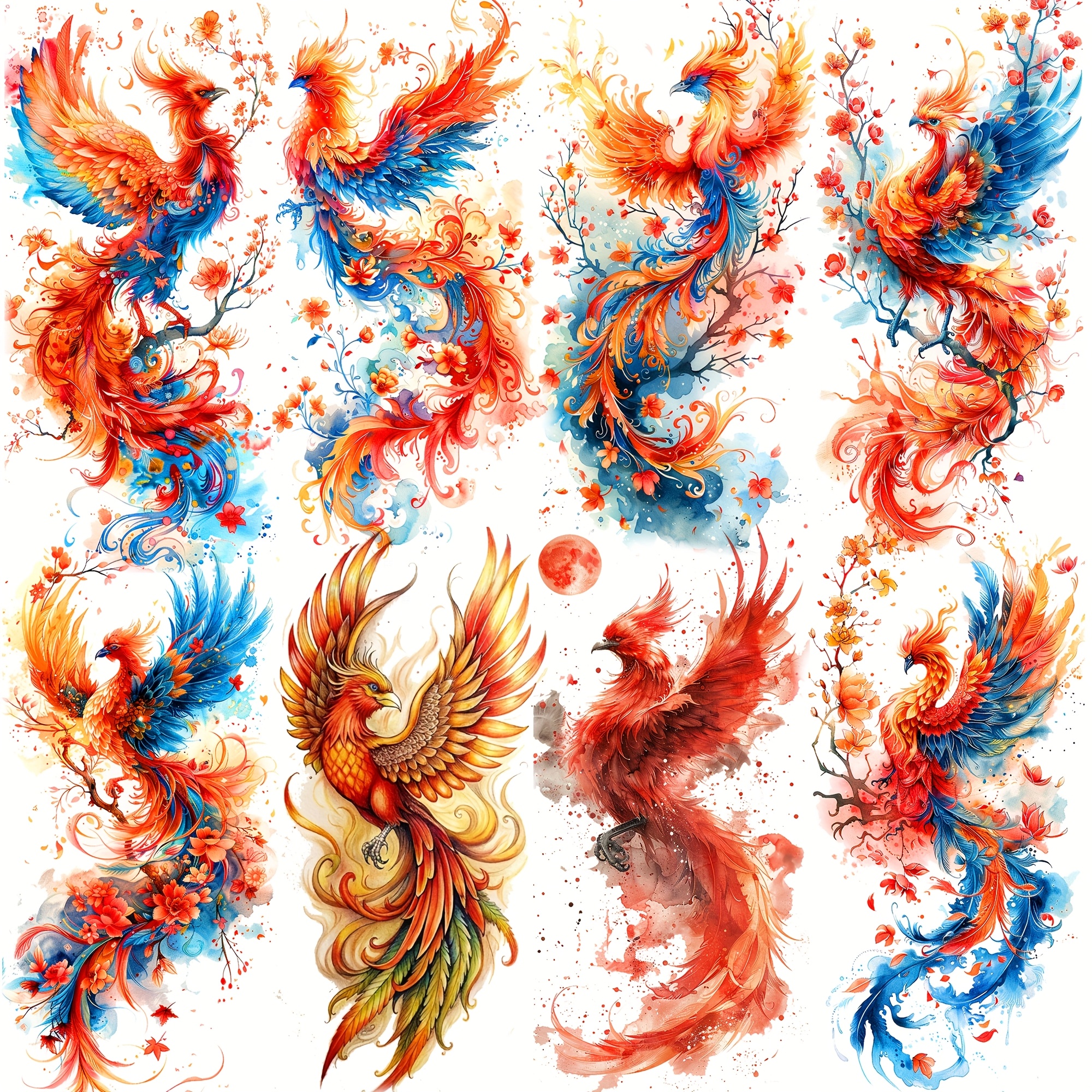 Image of 8 Gorgeous Flying Phoenix Temporary Tattoos Suitable For Women Adults Arm Leg Shoulder Tattoos, Long-lasting Realistic Fake Tattoo Stickers Waterproof Body Back Art Decals
