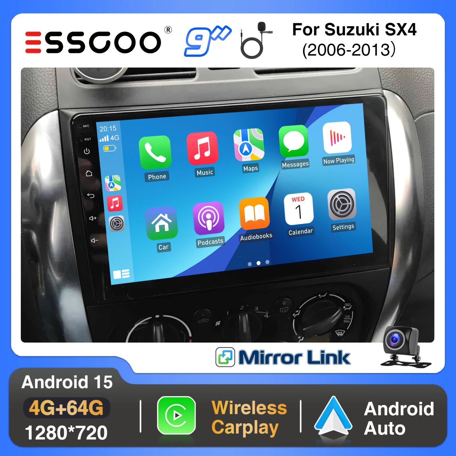 Essgoo 15 4+64g Radio Upgrade For Sx4 2006-2013 Fiat 2005-2014 | 2 Din Car Stereo With 9 Inch Ips Screen, , Auto, Fan Cooling, Gps, Wifi, Fm, Rds, Usb