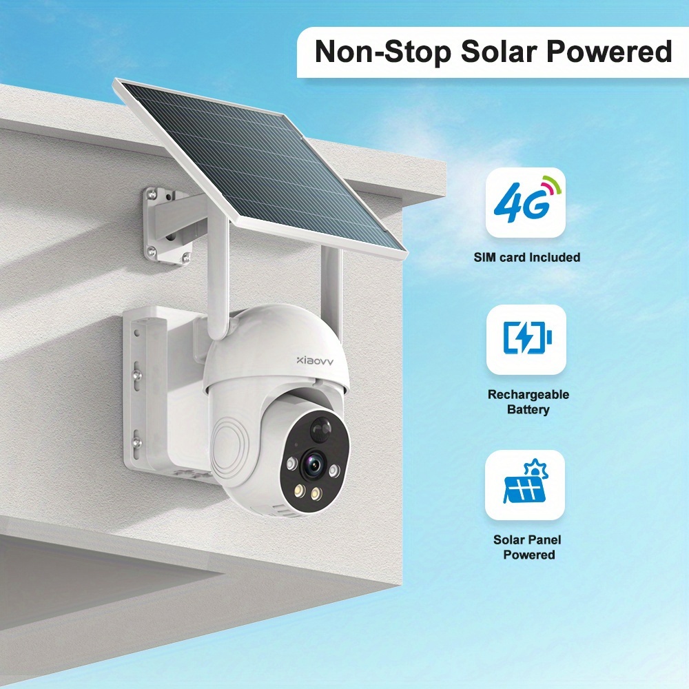 TEMU Caméra de sécurité cellulaire solaire XIAOVV 4G LTE avec carte SIM pour extérieur WiFi, avec panneau solaire, système de surveillance PTZ 4MP,