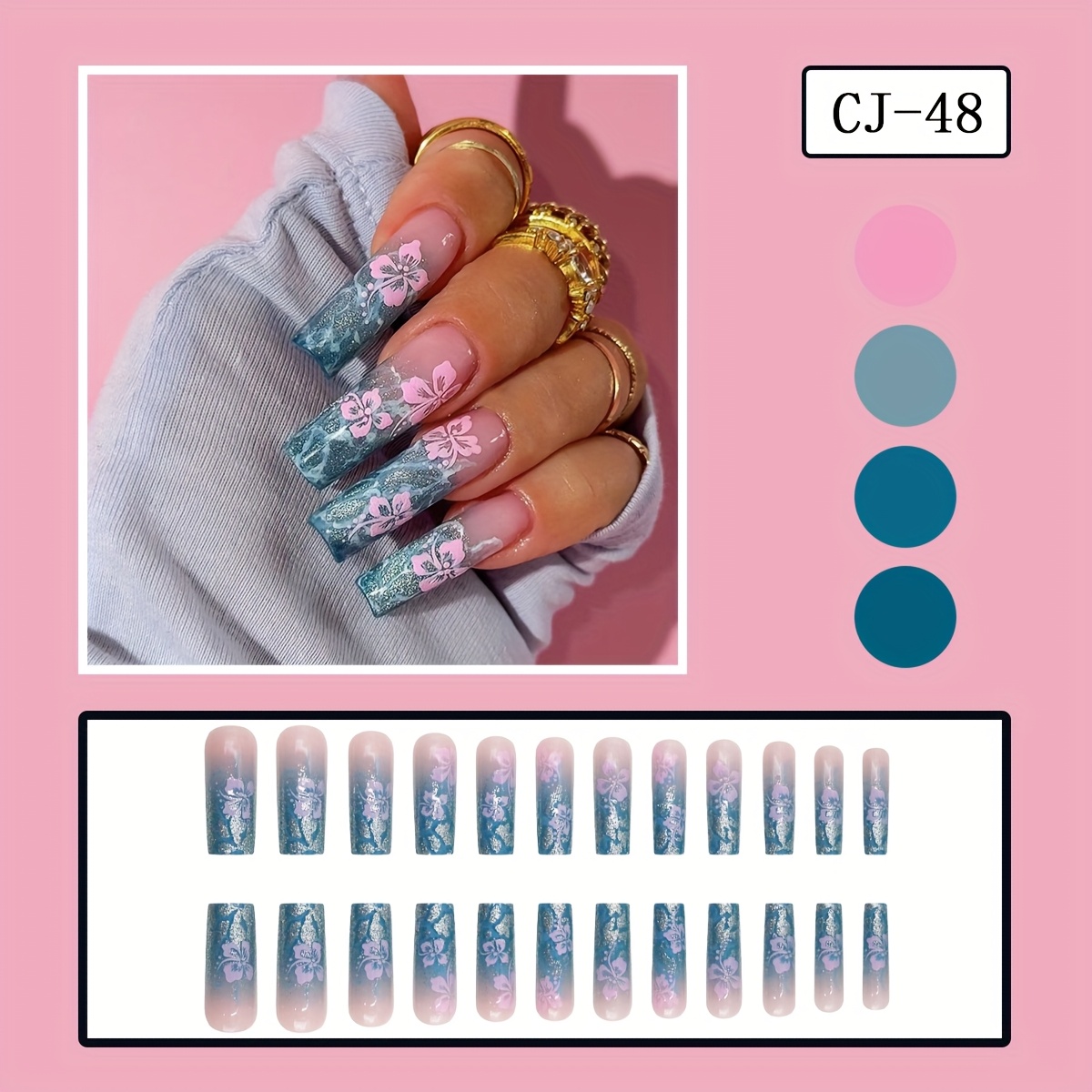 TEMU Your Style With 24pcs Full Coverage Matte Artificial Nails, Featuring A Easy Yet Elegant Design Of Purple Floral Patterns And Silvery Glitter Accents That Highlight Your Beauty, Wear