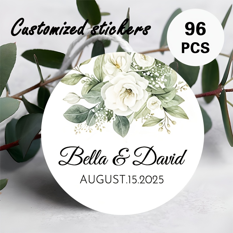 TEMU Custom Wedding Round Stickers, Personalized With Names, Dates, And Other Information. White Floral "name And Date" Design. Suitable For Party