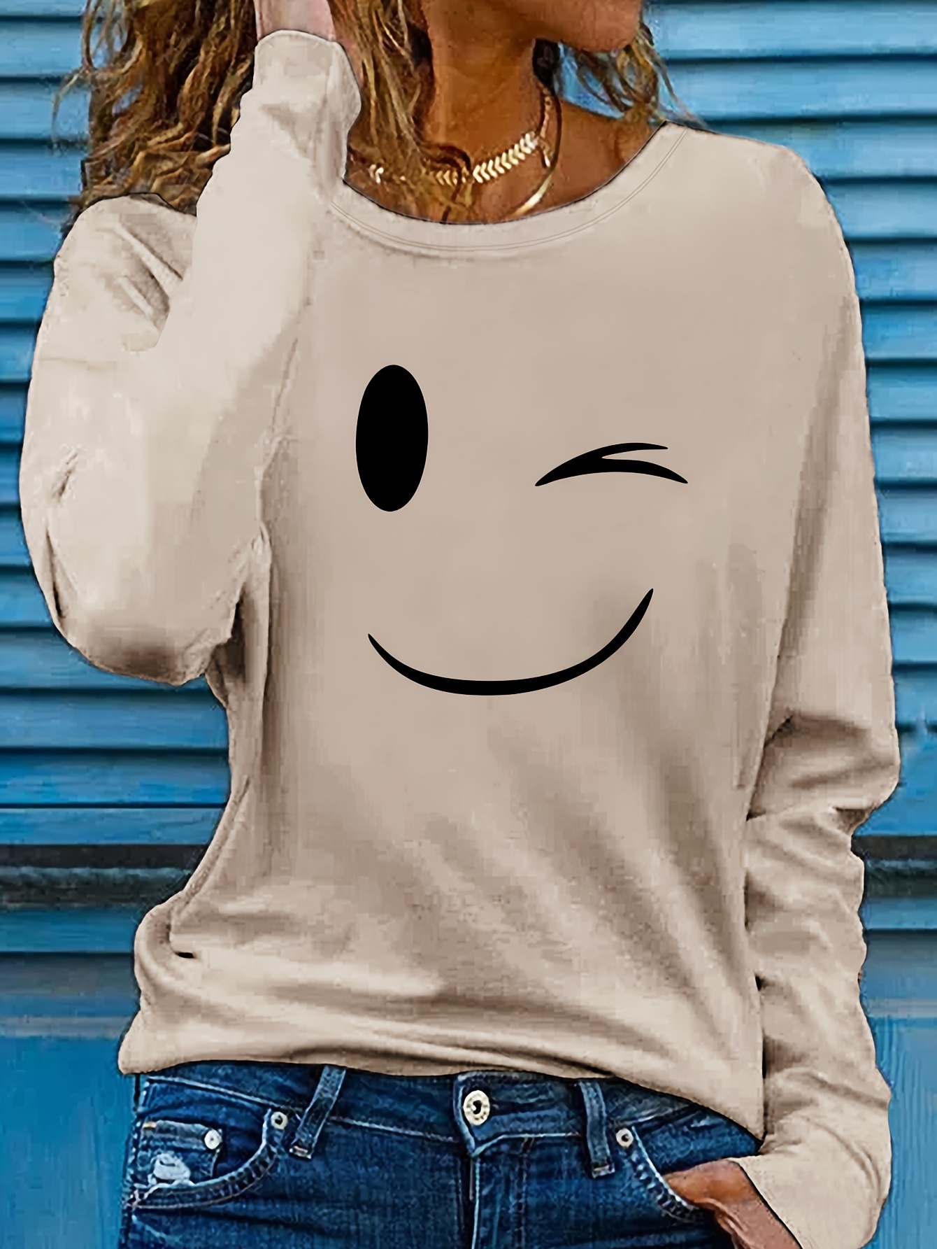 Women's Casual Long Sleeve Crew Neck Graphic Print T-Shirt - Playful joyful Face Design, Slim Fit, Soft Breathable Fabric for Spring & Fall, Versatile Everyday Top, Ladies T Shirts, Wink Motif Apparel, Highquality