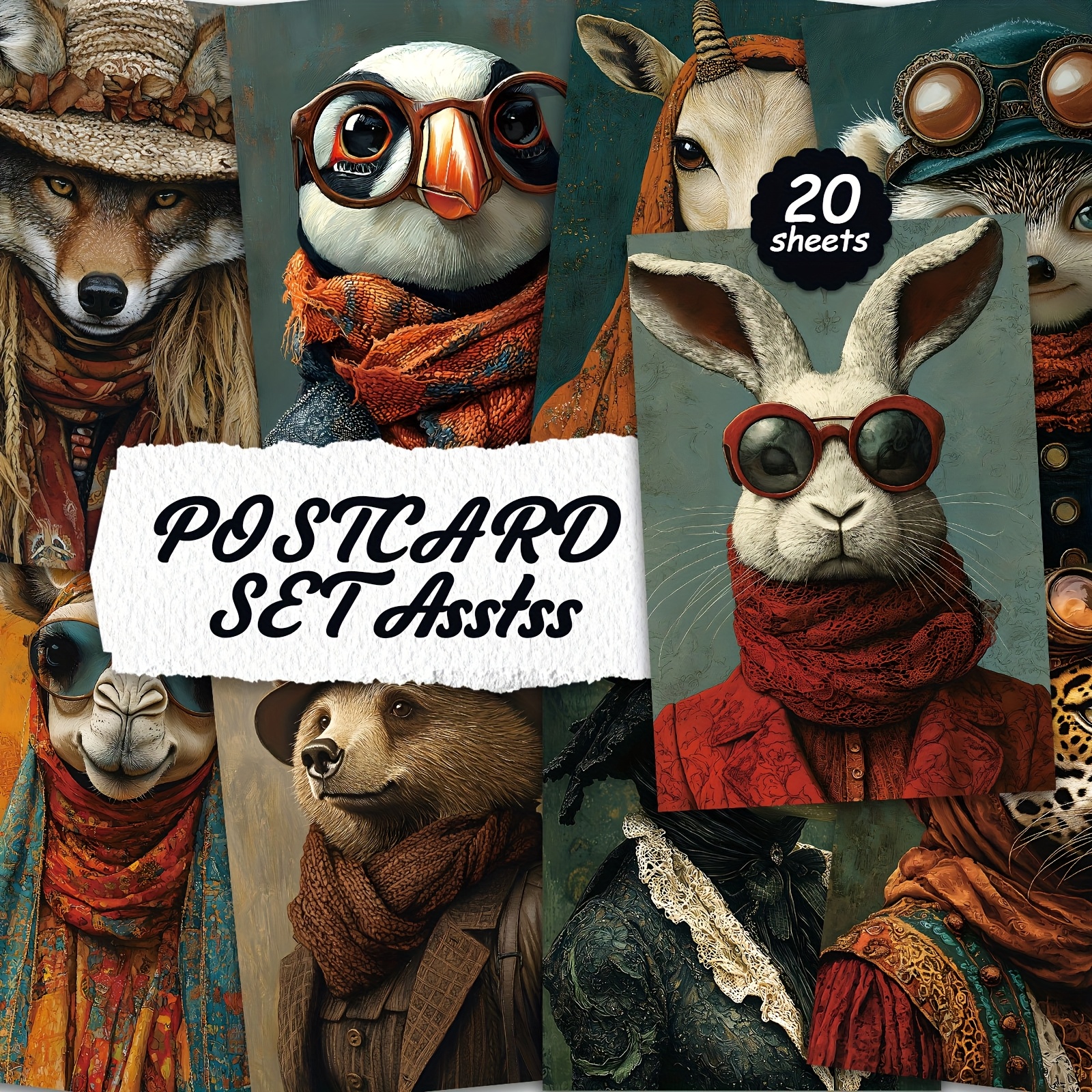 TEMU 20 cartes postales style animal cool pour écriture sur carton, surface lisse, scrapbook anglais, journal de déchets, créations et cartes de vœux