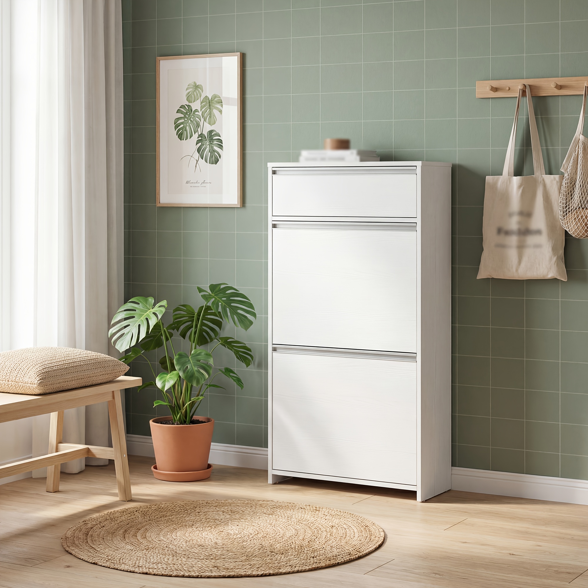 White 2 Flip Shoe Cabinet With Hooks, Cozy Entryway Organizer For Minimalist Home