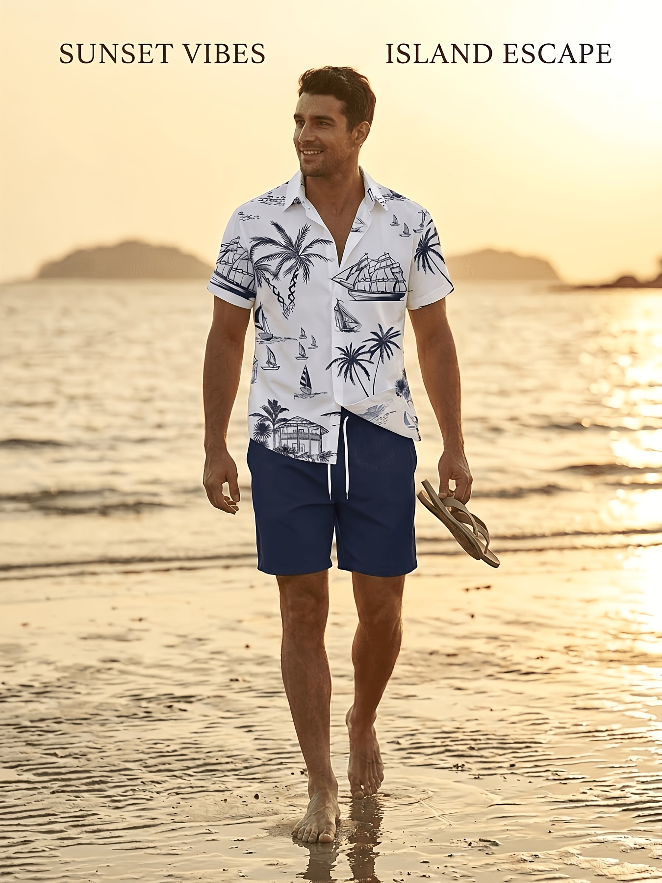 *'s Casual Fashion Hawaiian Shirt and Shorts Set, Beach Style Outfit