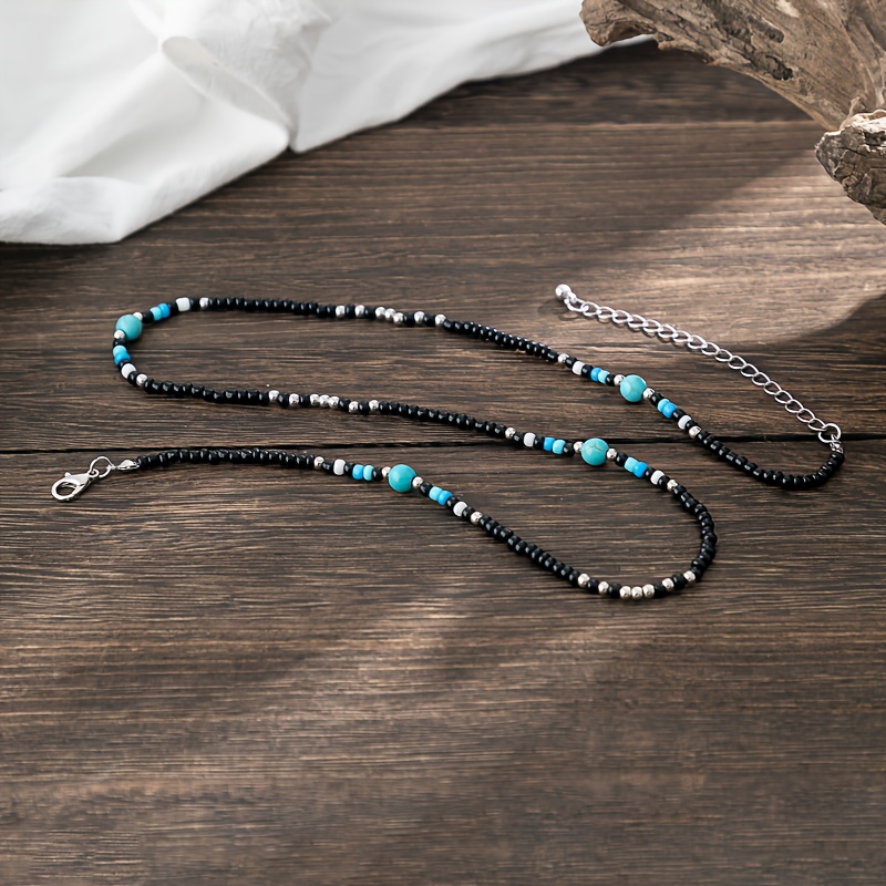 Men's Bohemian Beaded Necklace with Turquoise Stone Accents