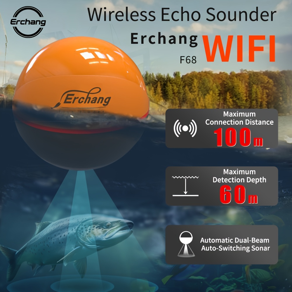 Erchang F68 Pametni Wifi Mjerač Ribolova [80M Domet i 60M Dubina] Dvofrekventni 125/330Khz Bežični Sonar, Anti-Disconnect Wi-Fi Signal za Jezero/Morski Ribolov Podrška za OSiAndroid, Bežični Sonar Detektor