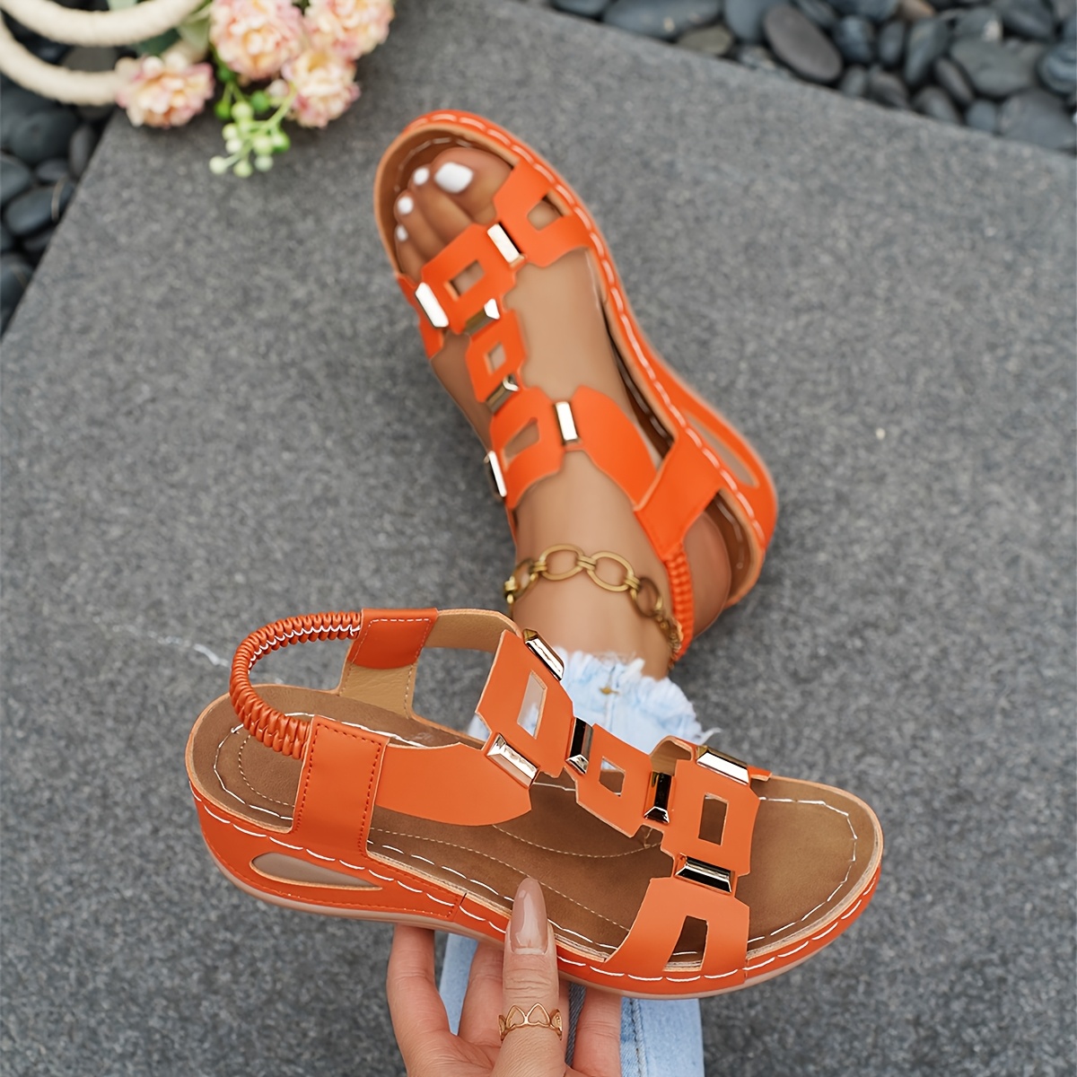 TEMU Women's Comfortable Low Wedge Sandals Plus Size Summer Shoes Elastic Slingback Beach Footwear Elegant Cutout Platform Slides With Casual Daily