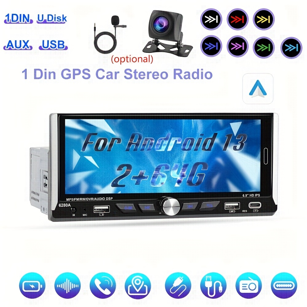 Radio de coche Android 13 de 10 pulgadas con pantalla táctil GPS Sat Navi  Reproductor estéreo AMprime 2 DIN Bluetooth WiFi Receptor FM Teléfono móvil