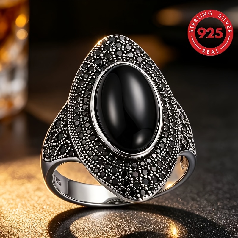 Image of 925 Sterling Silver Exquisite Ladies' Fashionable Jewelry Ring, For Vacations, , Fashion, . Set With Black Agate. A High-quality Ladies' Jewelry Ring With , Suitable For Vacation Trips And Daily Wear