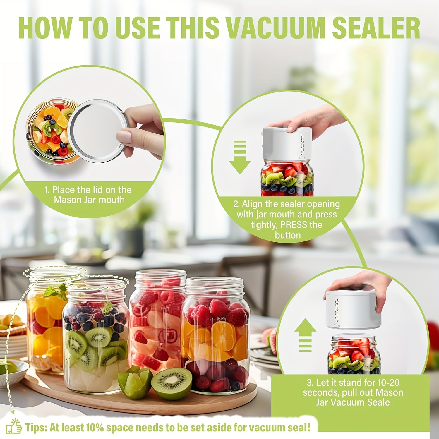 electric mason jar vacuum sealer set cordless usb rechargeable plastic vacuum seal machine with 10 lids built in lithium battery 1200mah 5w semi automatic for food preservation and fermentation details 2