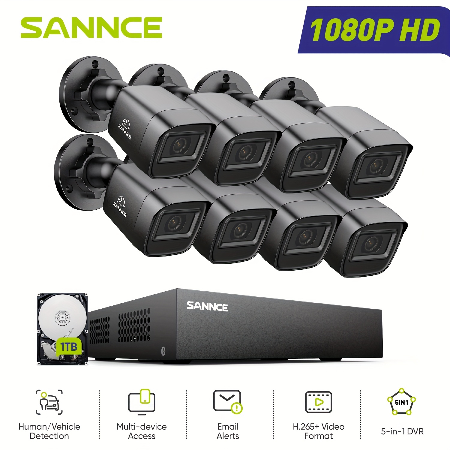 Image of Sannce 8ch 1080p Security Camera -in-1 Cctv Dvr Video Recorder With 8 And 1tb Hard Drive, Intelligent Human/vehicle Detection, Night Vision