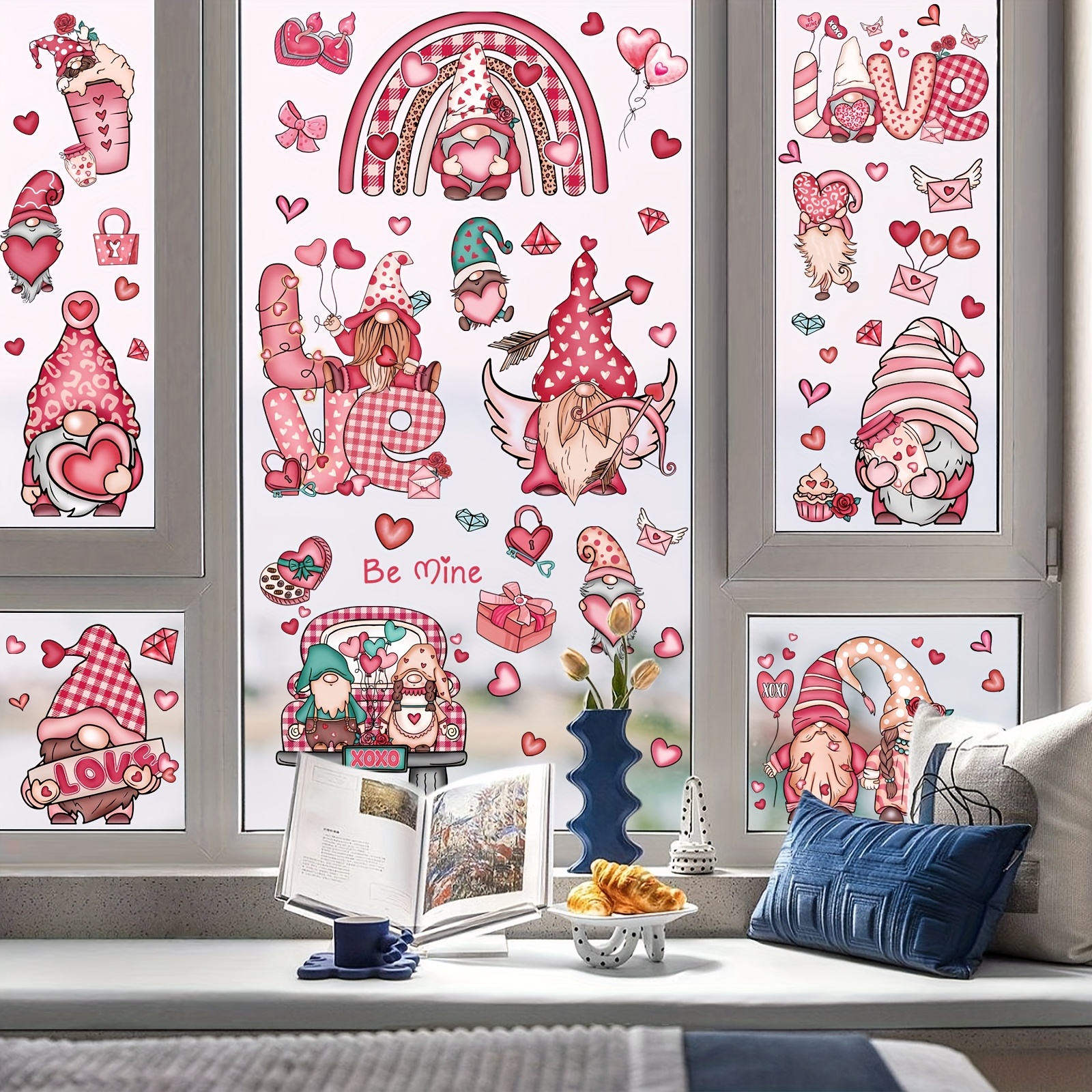 

71pcs Art Deco Gnomes Heart Window Clings, 10mil Pvc, Reusable Double-sided Static Decals, 9 Sheets Valentine's Day Glass Decor For Home, Office, Wedding Anniversary Party Supplies