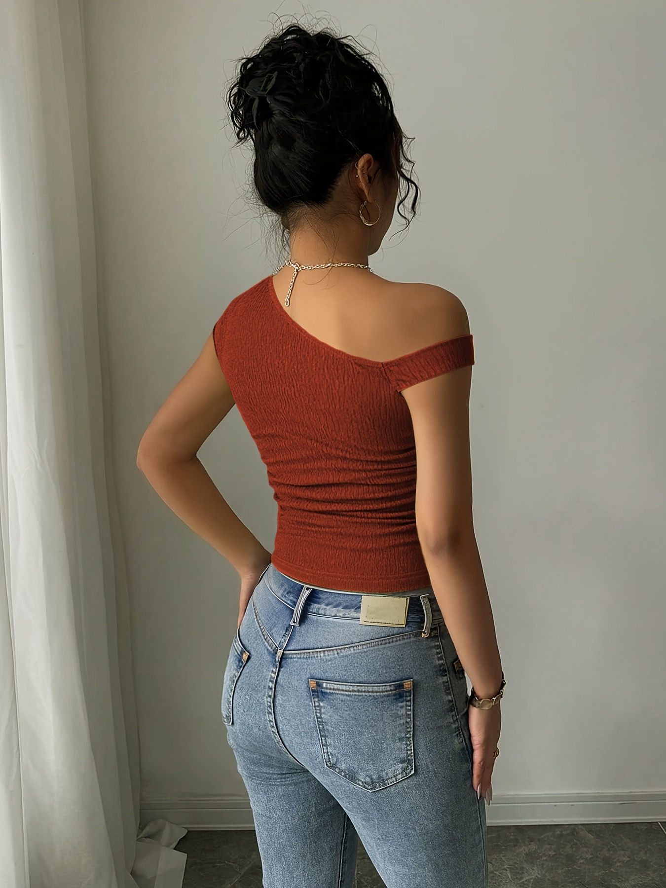 textured cold shoulder fit t shirt elegant stylish side Temu