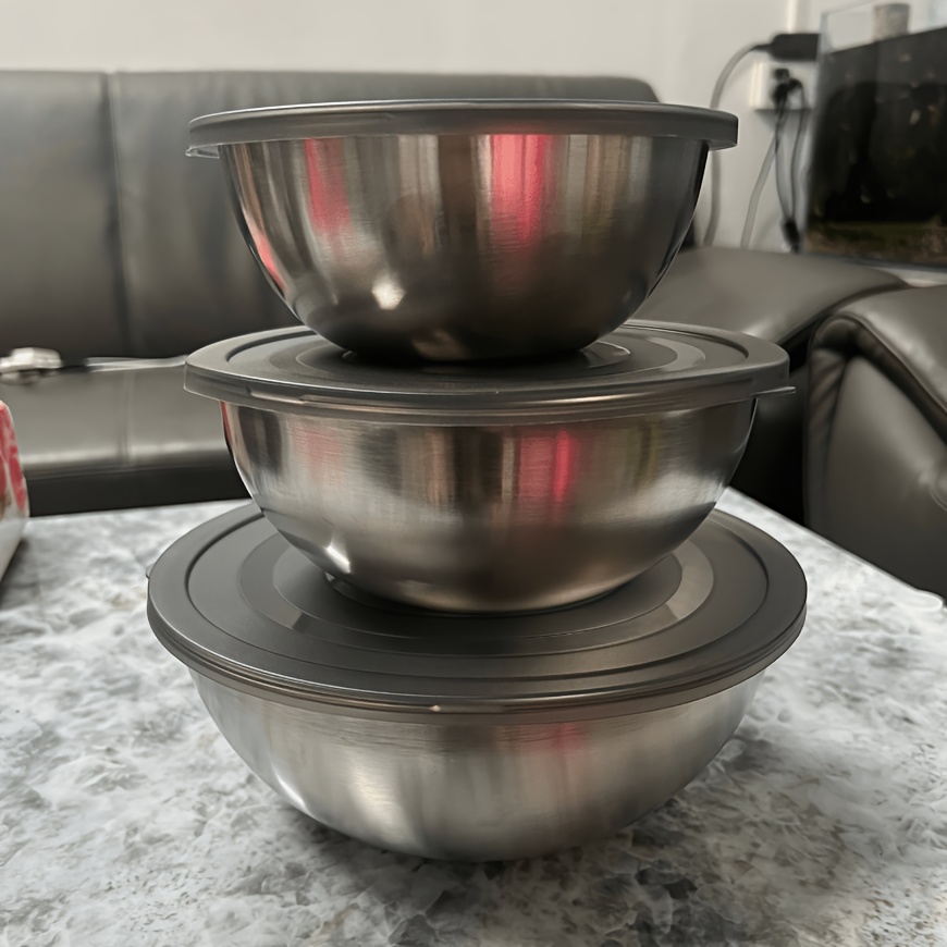 TEMU 3pcs Set, Silvery Stainless Steel Salad Bowl With Lid, Mixing Bowl