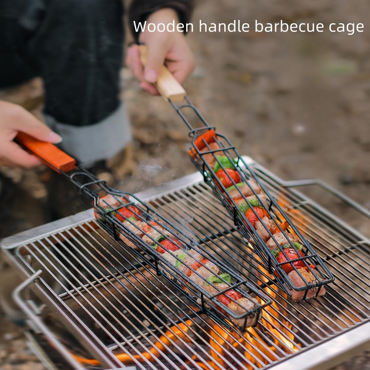 

2pcs/pack Wooden Handle Grill Cage Grill Mesh Sausage Hot Dog Basket Bbq Grill Mesh Camping Grill Tool Grill Clip Grill