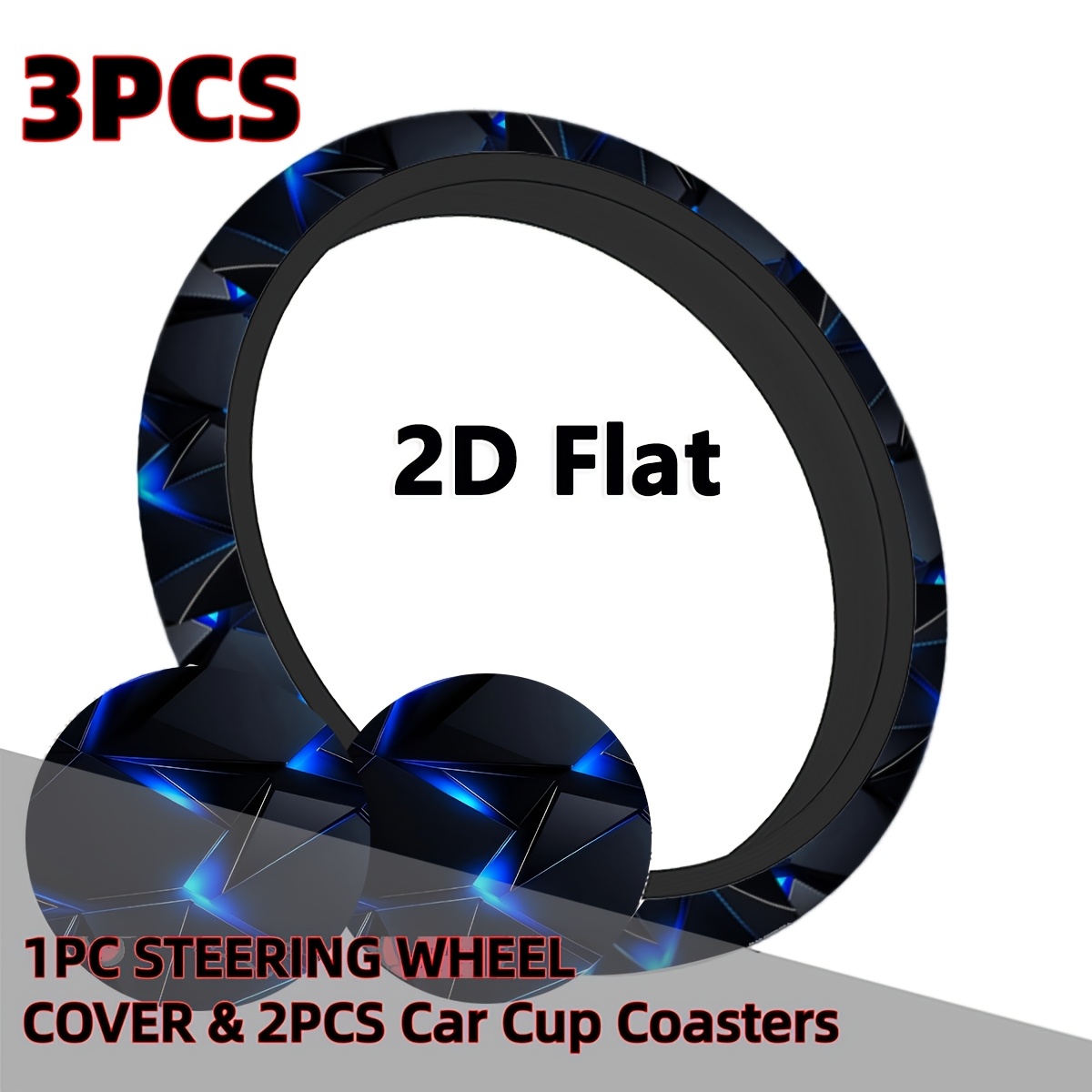 TEMU 3pcs Geometric Blue Light Car Interior Set, , Suitable For Most Car Models, Stylish Design, Includes 2 Car Cup Holders And 1 Steering Wheel