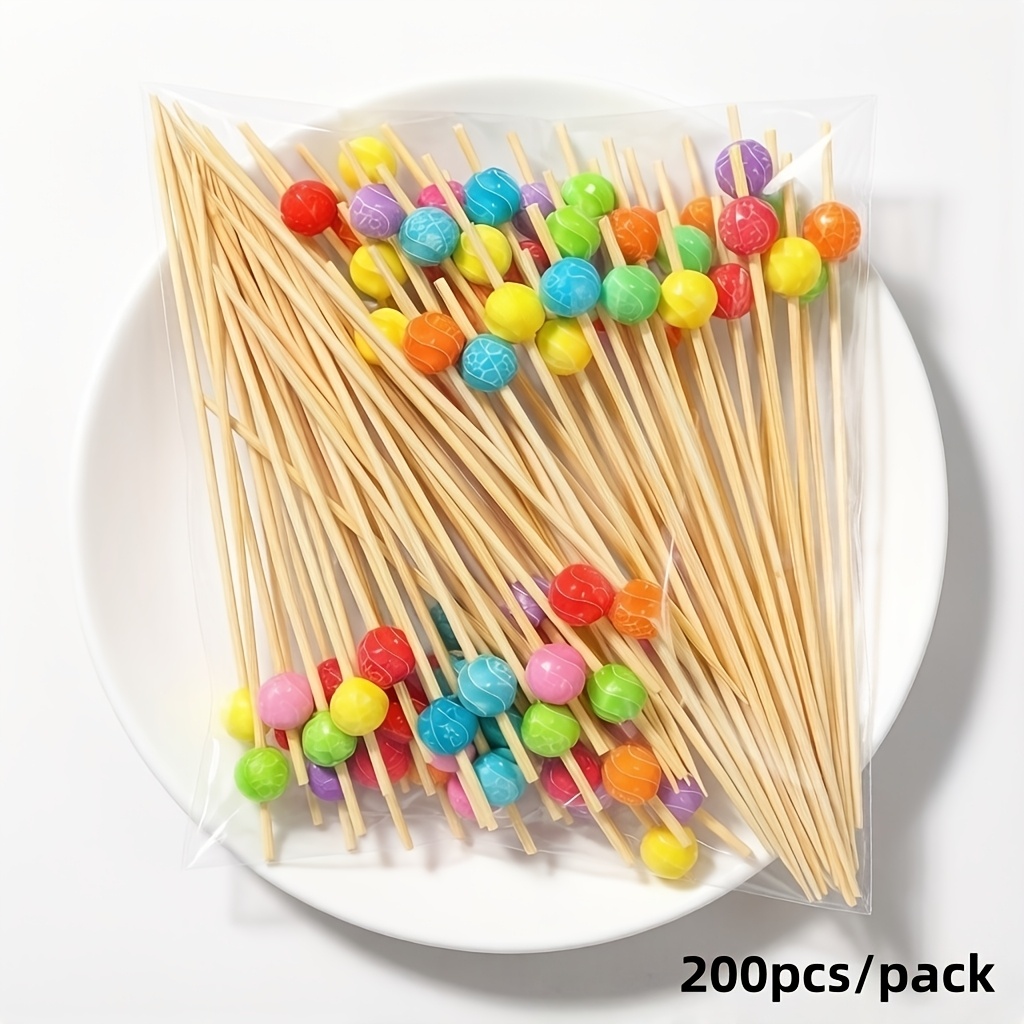 400pcs Per Pack, 300pcs Per Pack, 200pcs Per Pack. Bamboo Sticks Are Elegantly Designed And Colorful, Suitable For Themes, Including Cocktail, Fruit, Sushi, Sandwich, Hamburger, And Barbecue Skewers