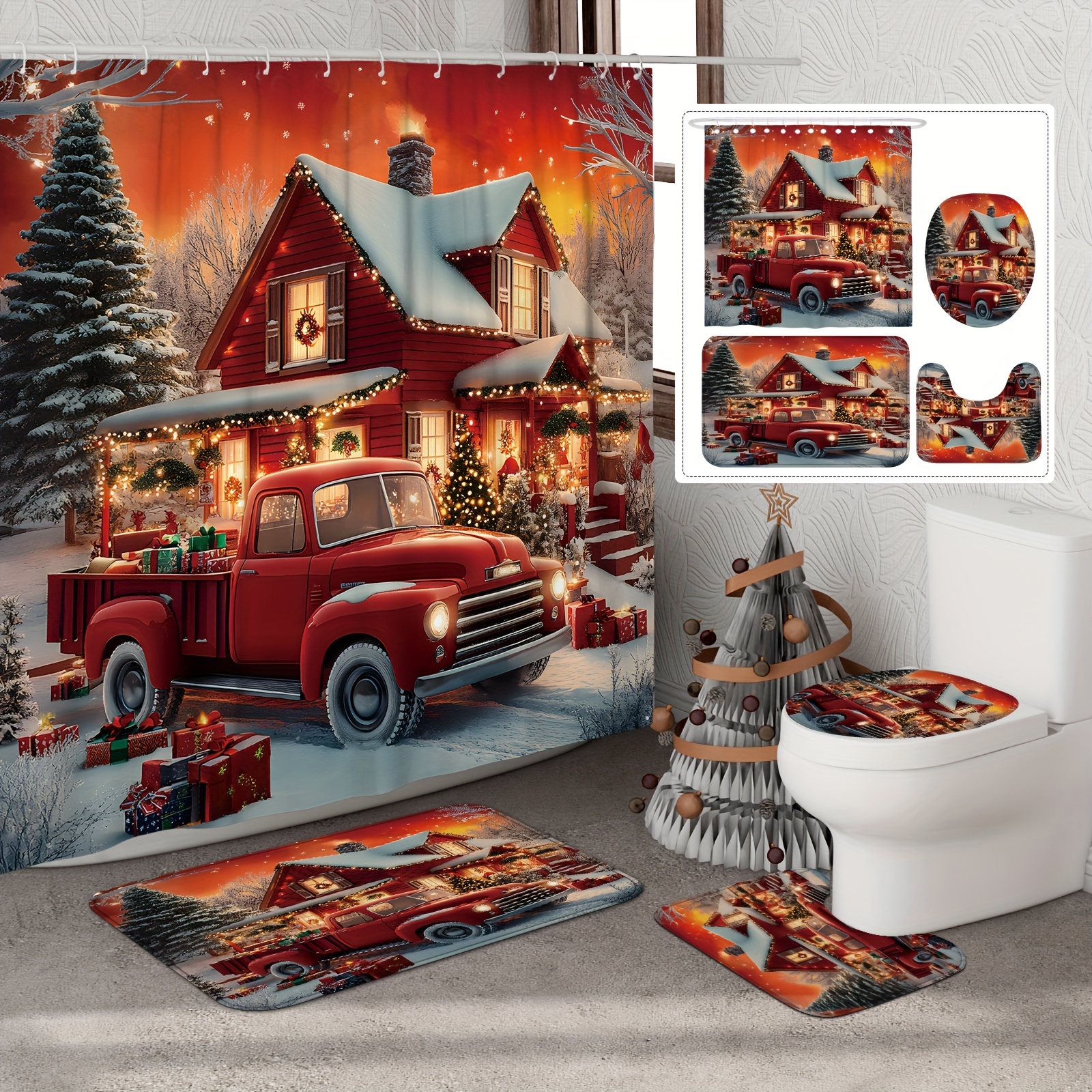 

1/4pcs Christmas Tree Red Shower Curtain And , Shower Curtain 12 , Bathroom Rug, Mat, Lid Pad, Bathroom Decor, Shower Curtain For Bathrooms