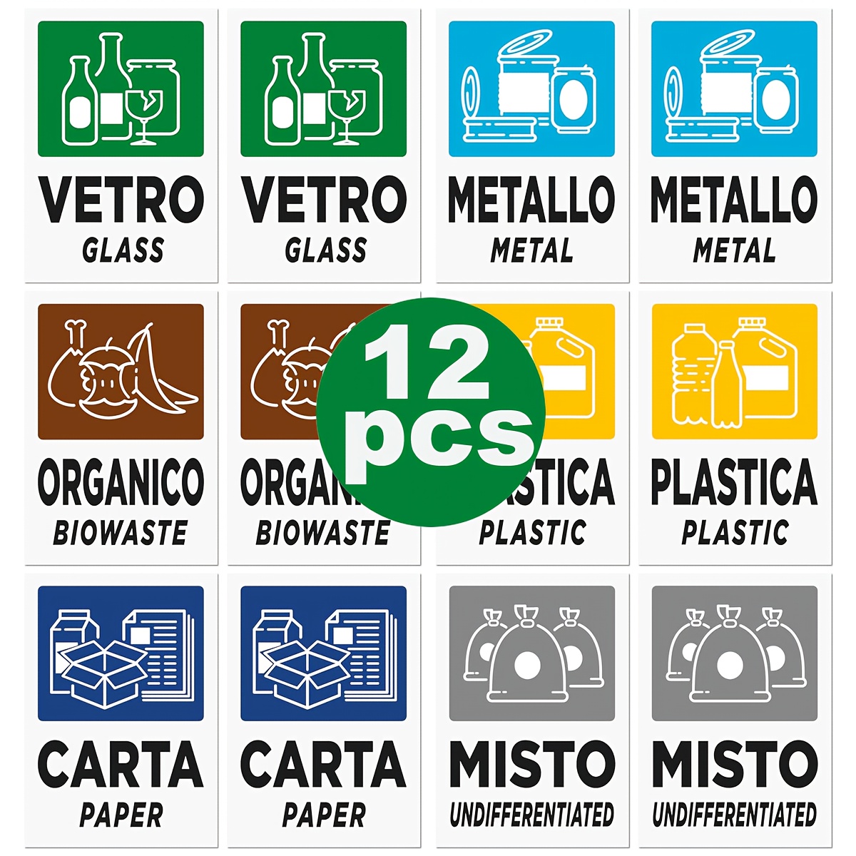 TEMU 12 Adesivi per Differenziata, Etichette in e Inglese su Carta/Vetro/Plastica Organici Metalli Non Separati da Scompartimentazione Cestini