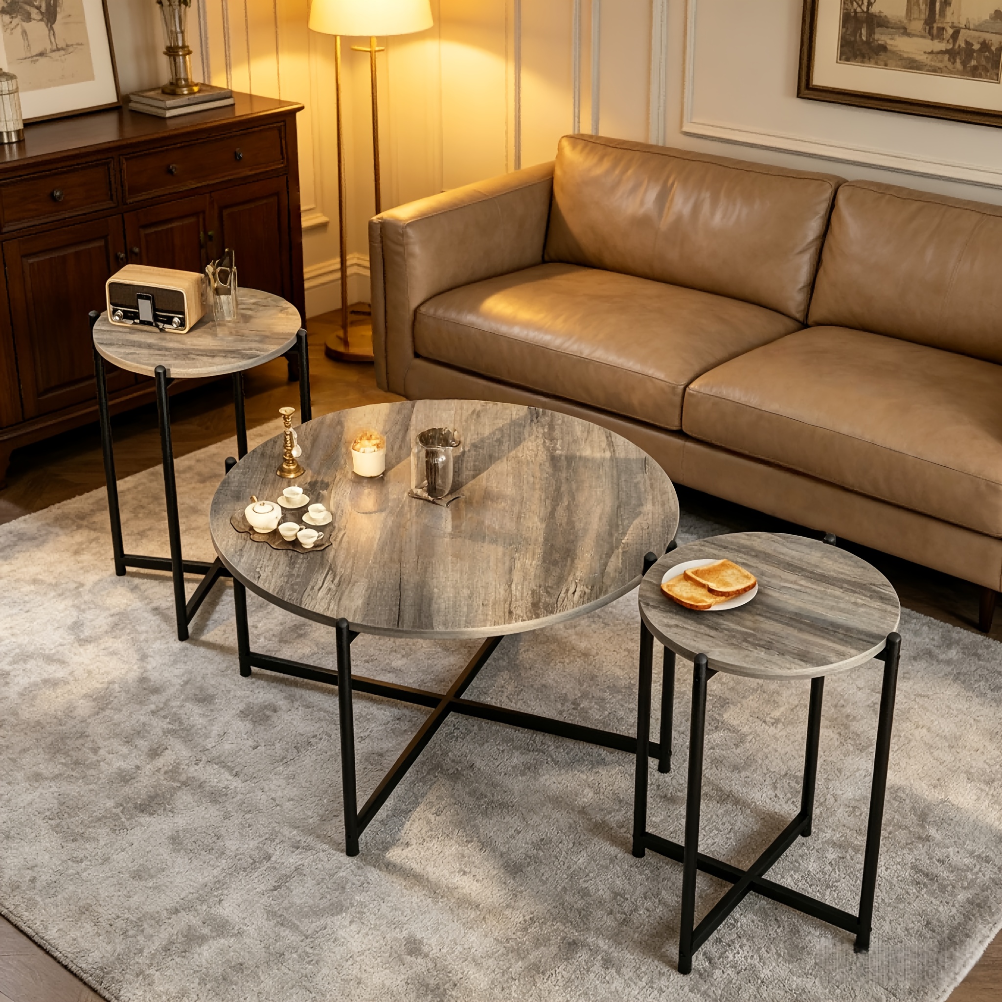 Nesting Coffee Table Set of 3, Round Side Tables with Cross Metal Frame, Modern Stacking End Tables for Living Room, Bedroom, Small Space