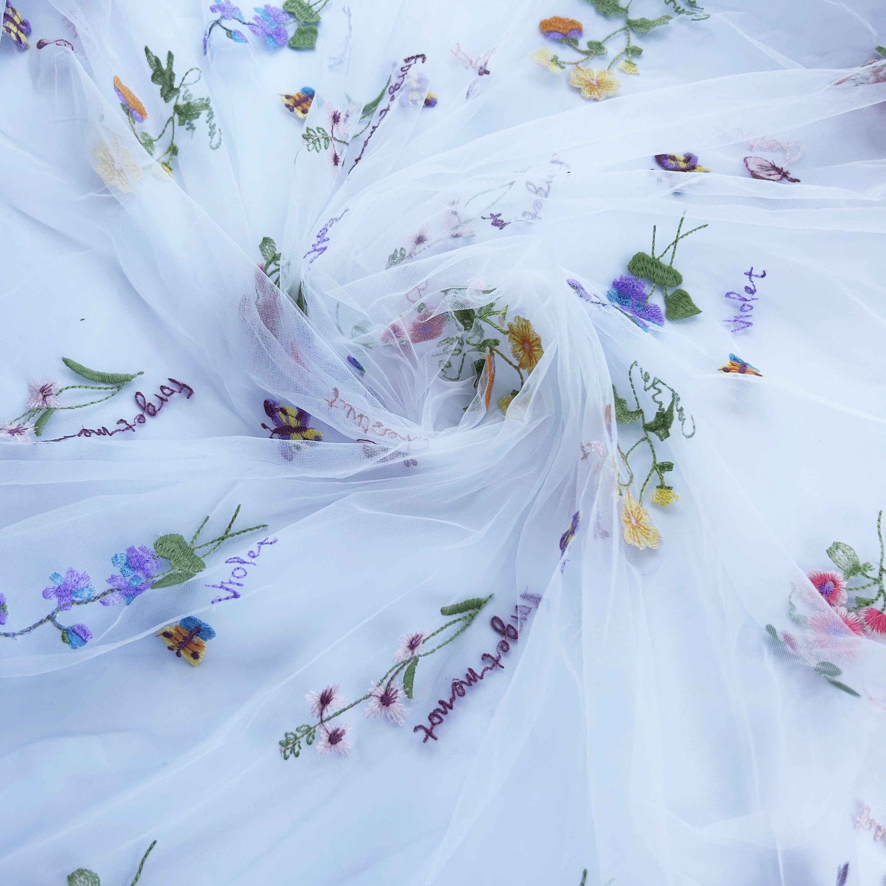 Image of Elegant White Lace Fabric With Colorful Floral Embroidery, 35x51in - Soft Tulle For Diy Dresses & Wedding Gowns, Hand Wash Only