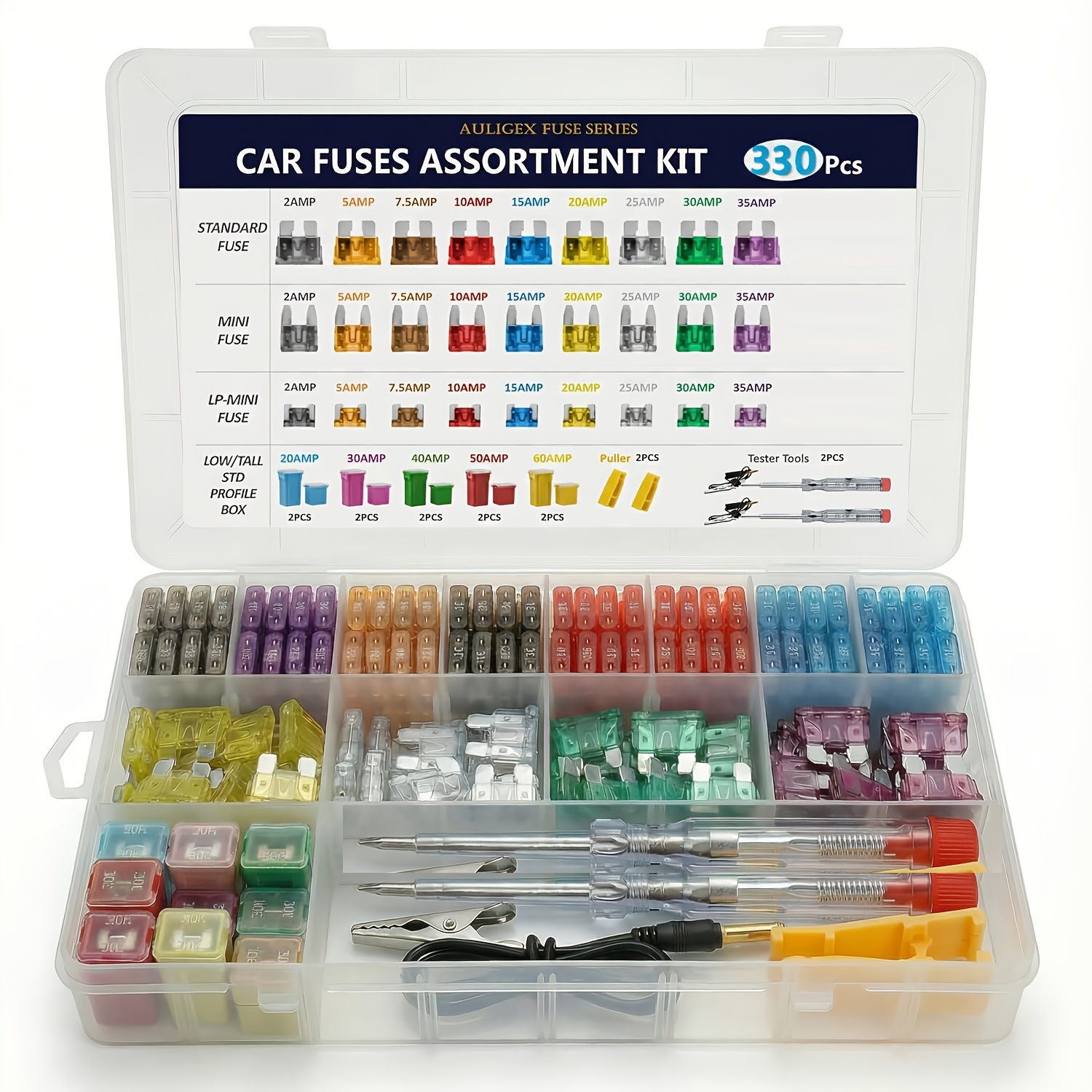 TEMU 330pcs Car Fuse Assortment Kit With Tester, 2a To 40a Standard Mini Low Profile Automotive Blade Fuses, 20a 30a 40a 50a 60a Low Tall Box Fuses