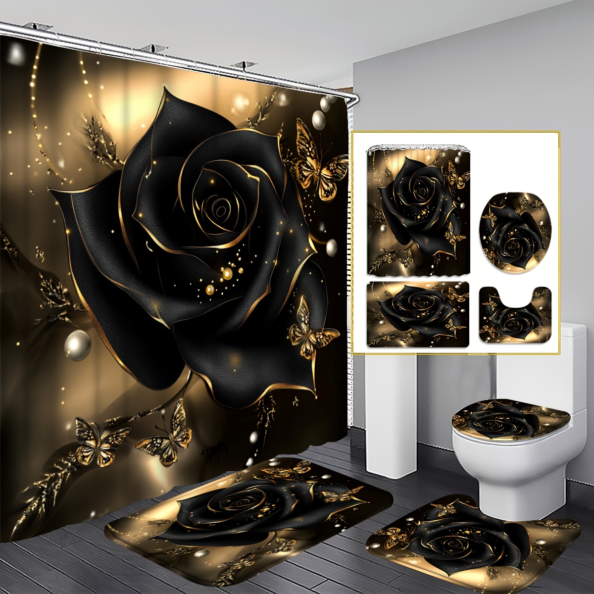 TEMU Ensemble de rideaux de douche 2D plats, 4 pièces, motif de , décoration de salle de bain avec insectes dorés, ajouts avec, en U, couvercle de