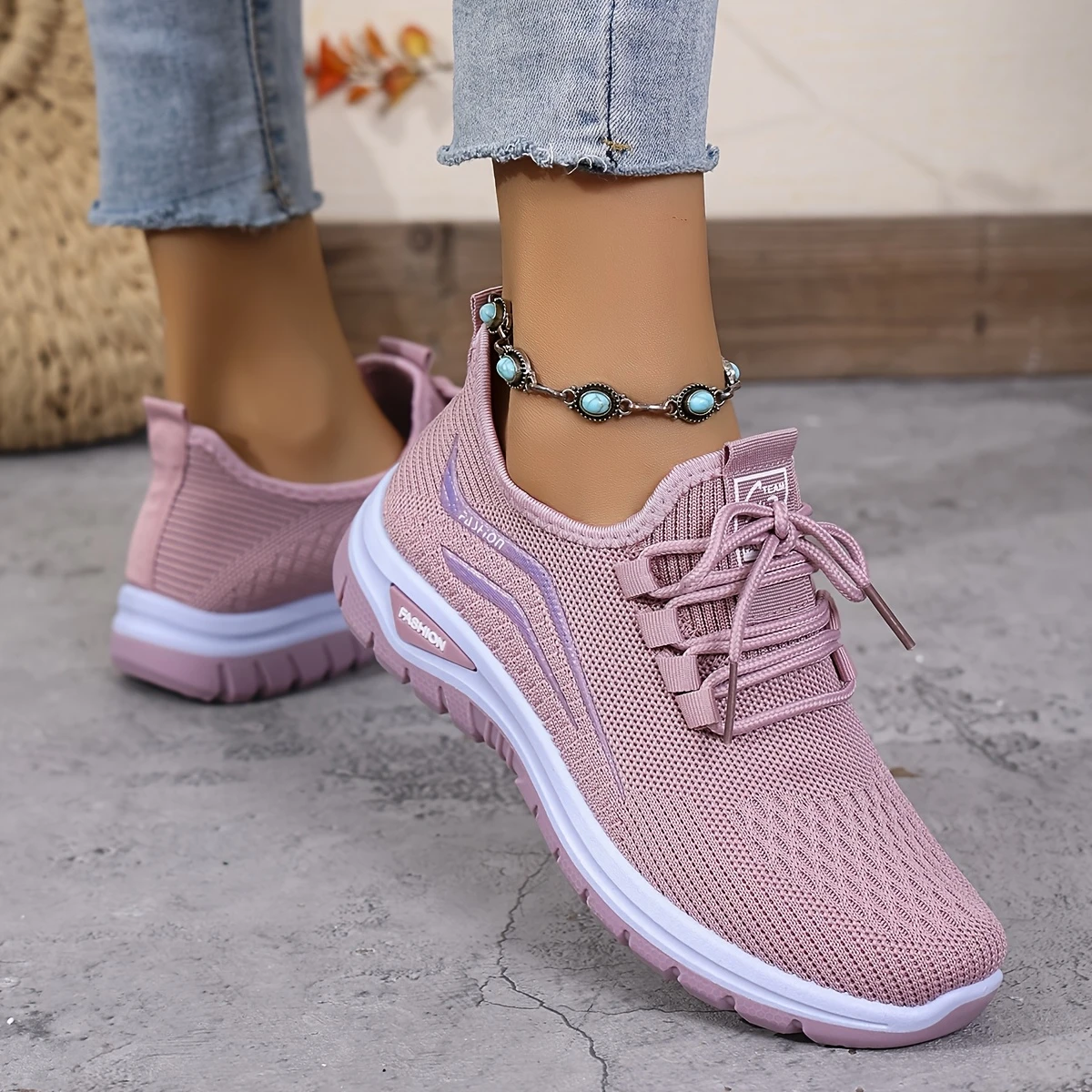 womens casual sports outdoor running walking daily commuting lace up patterned double layer easy on off knitted shoes details 5
