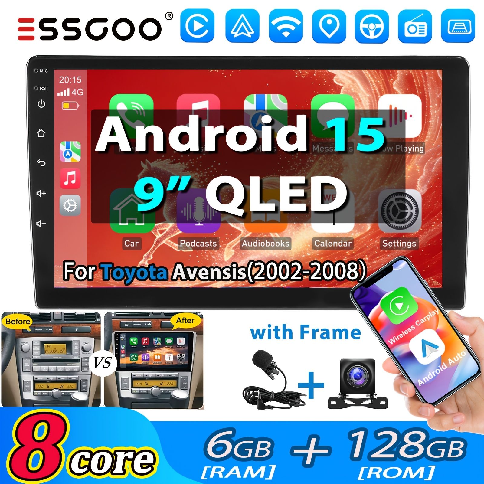 Image of Essgoo 15 Car Stereo For For [2002-2008] 6gb+128gb, 8 Core 2 Din 9 Inch/22.86cm Screen For & Auto Wifi Fm Am Radio Swc Wireless 5.0 Asp Sound Setting With Camera&microphone