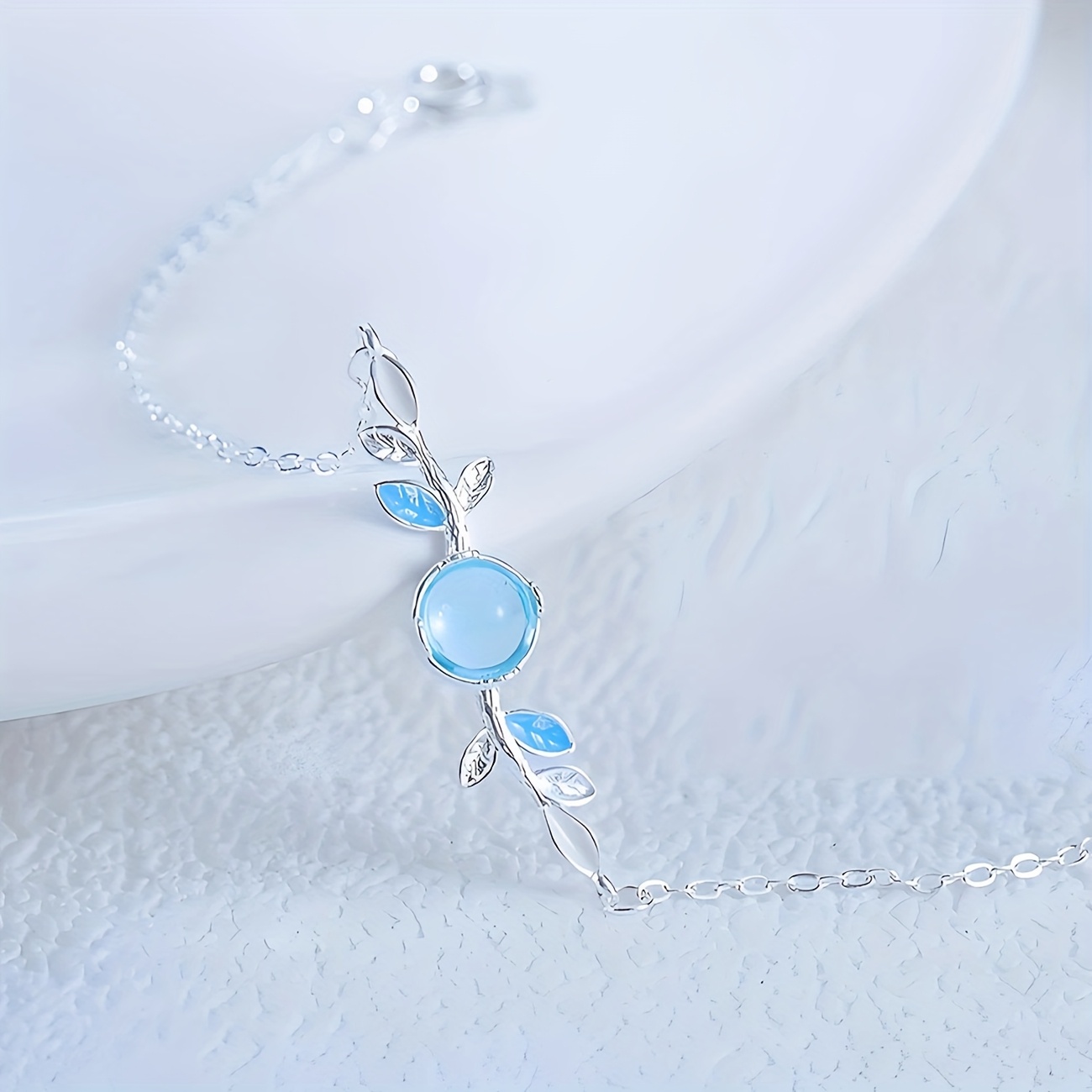 Moonstone Leaf Jewelry Set - Necklace, Ring, Bracelet - Silvery Plated