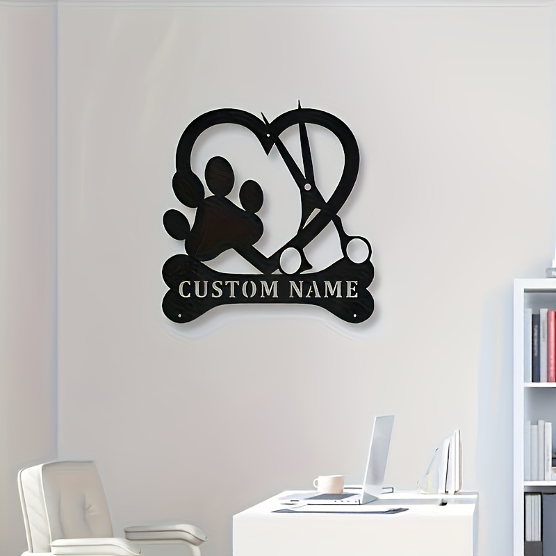 TEMU Customizable Modern Metal Wall Art For Pet Grooming Salon - Heart And Scissors Design, Easy To Hang Decorative Sign With Adhesive Strips, No