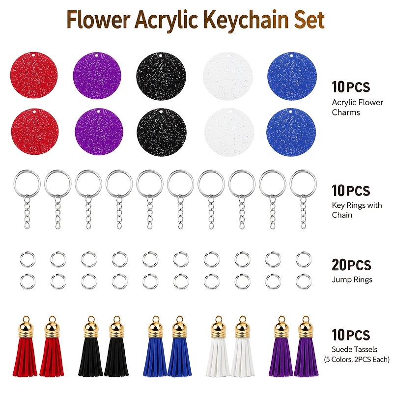 TEMU 2d Flat, 10pcs Glitter Round Acrylic Keychain Blanks Kit, 1.97" Mixed-color Discs(red Black Blue White Purple), 10 Key Rings 10 Tassels 20 Jump