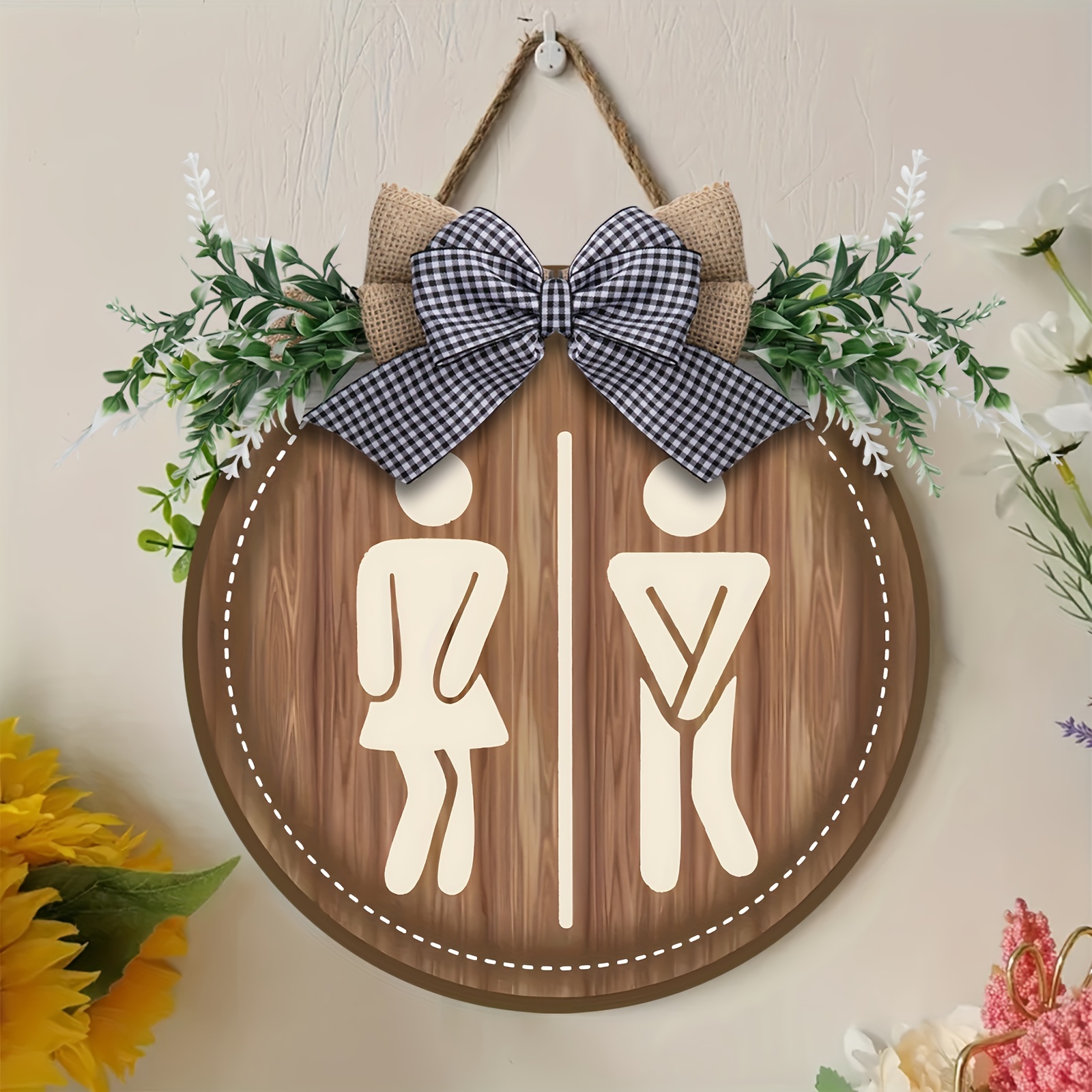 

[fast Delivery]wooden Unisex Restroom Signs, Cute Unisex Bathroom Wreath Sign Round Funny Restroom Plaque Hanging Restroom Wall Art Farmhouse Toilet Door