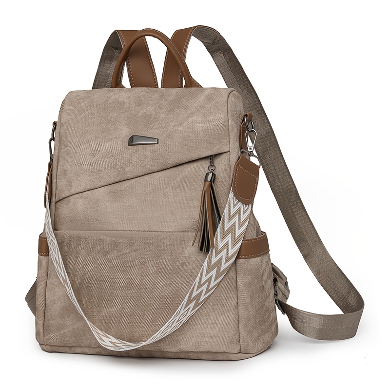 TEMU Women's Beige Convertible Backpack With Tassel Decor, Geometric , Washed Fabric, Top Handle, Anti-theft Design, Multiple Pockets, Lightweight