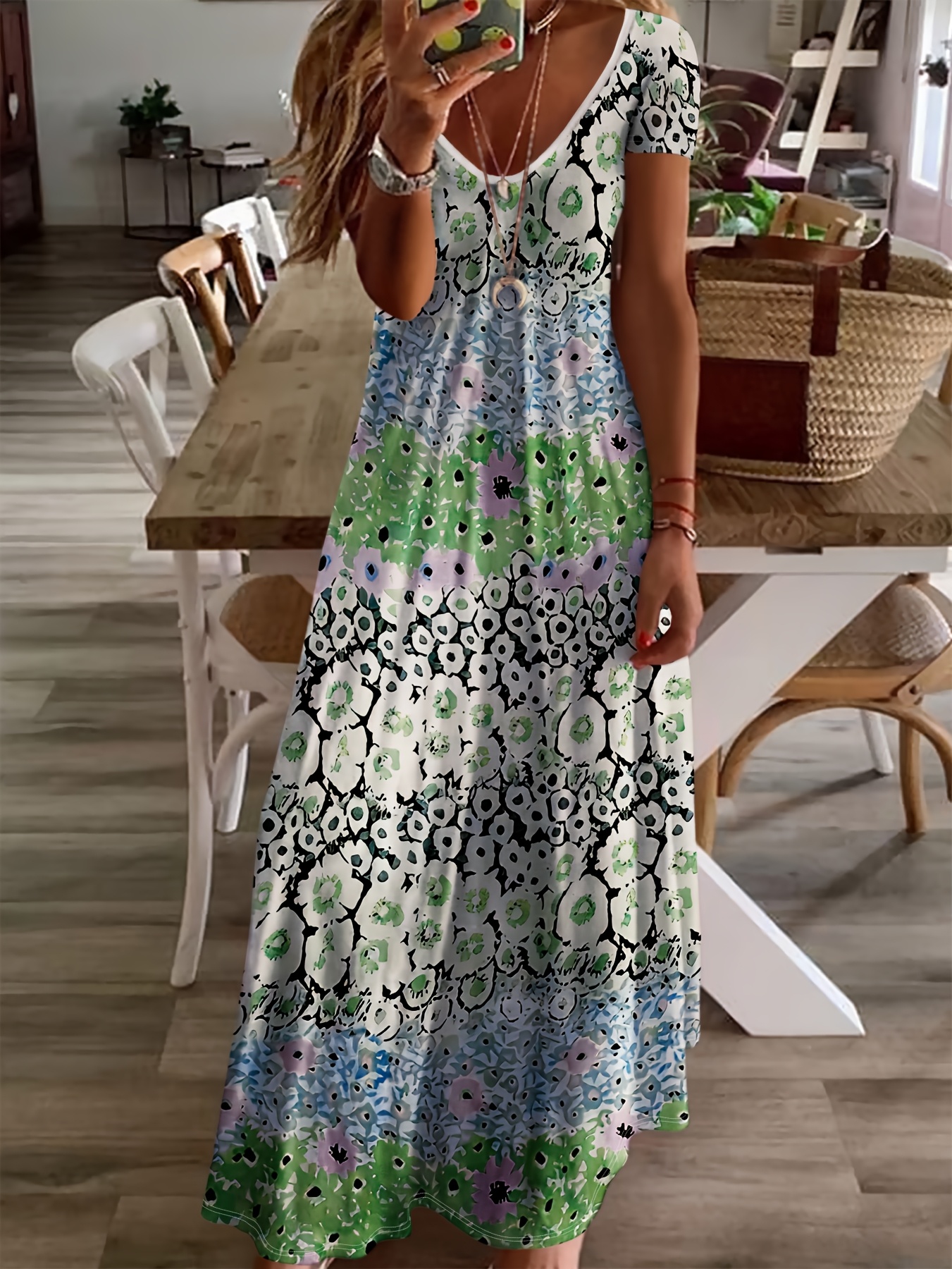 womens floral v neck maxi dress short sleeve a line silhouette lightweight polyester blue purple floral print   casual or summer   floral dress green 0
