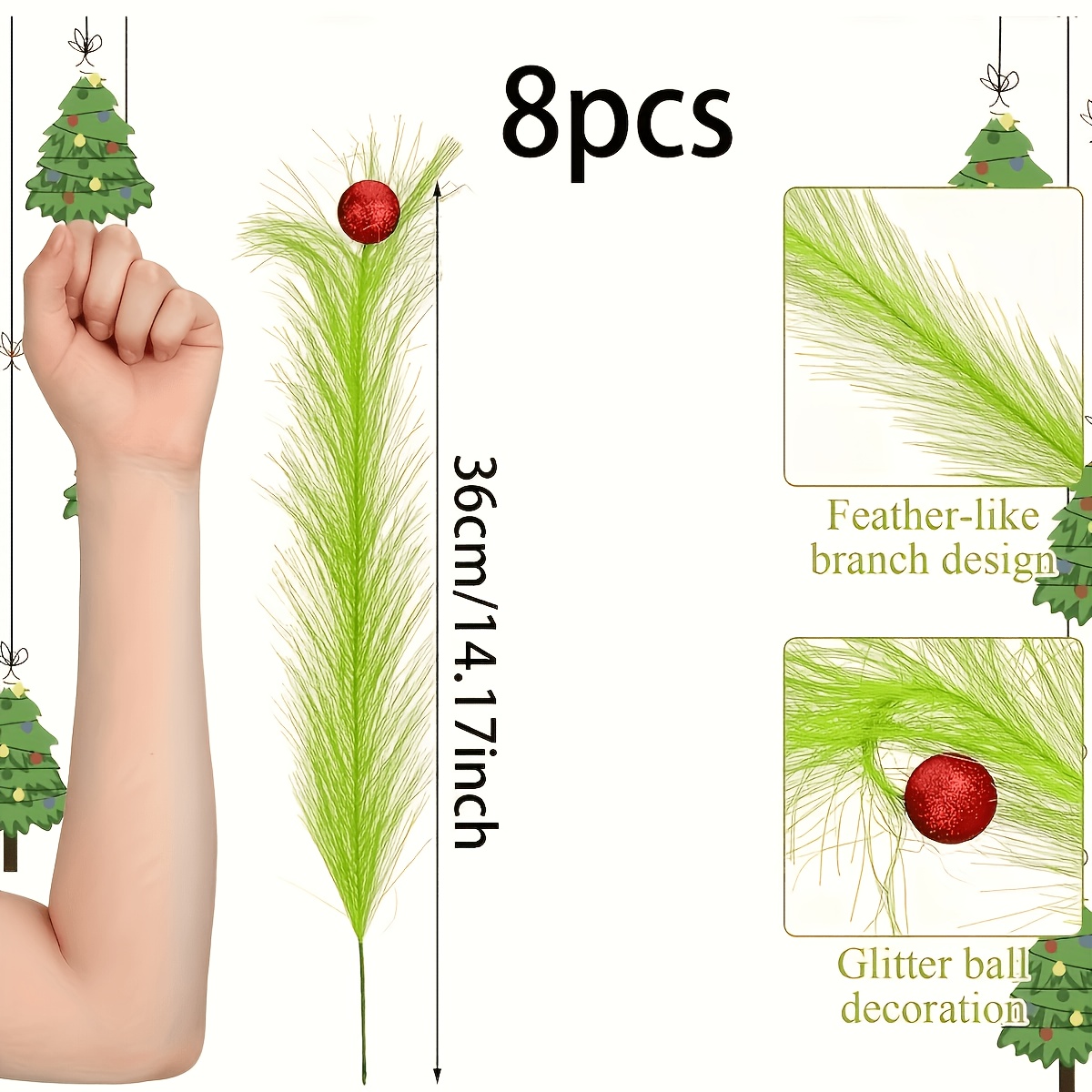 TEMU 8pcs Artificial With Artificial Green Pampas Grass And Red Balls Christmas Set Decorations, Christmas Green Christmas Tree Decorations, Poseable
