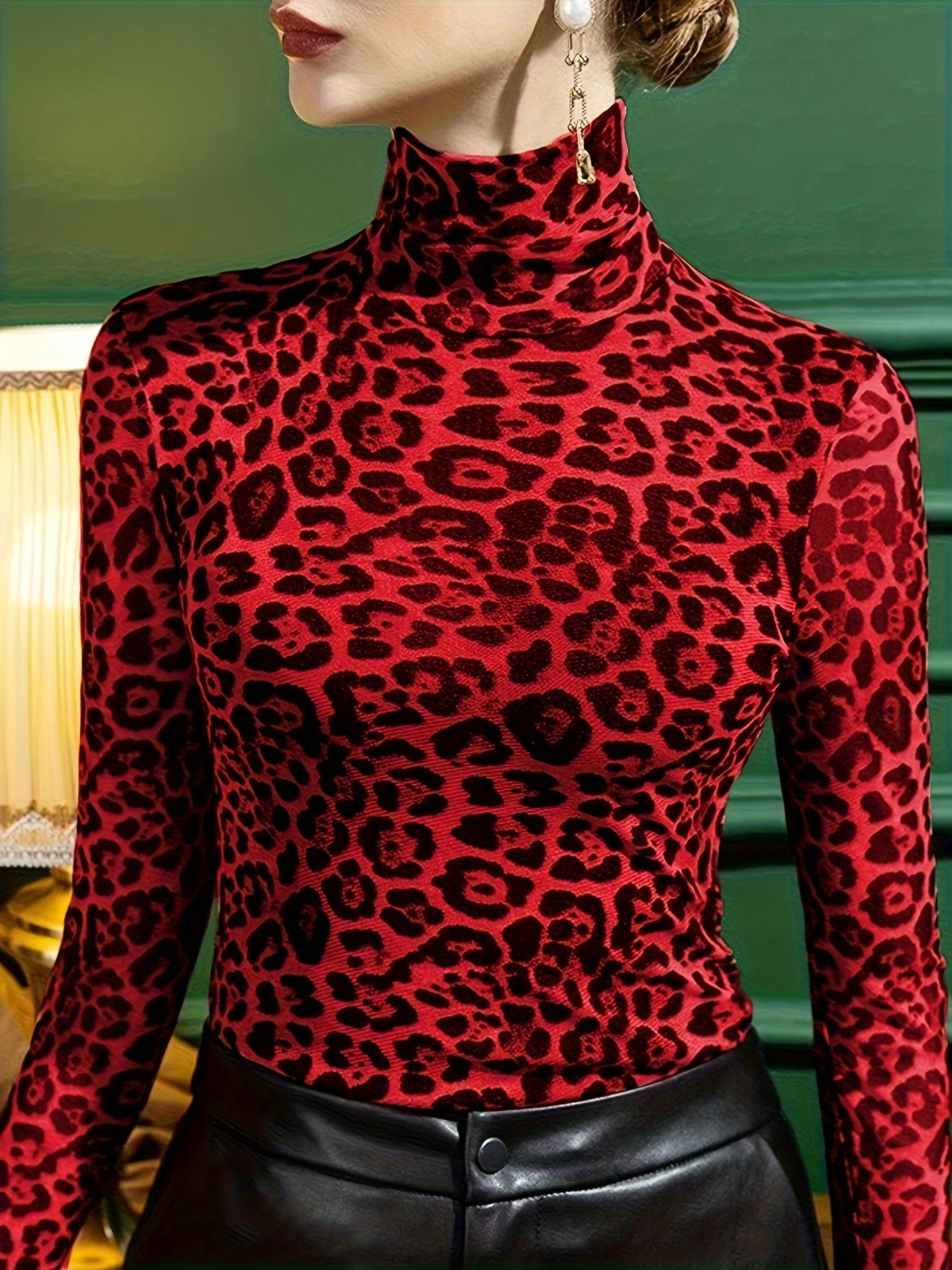 Red leopard print high neck clearance top