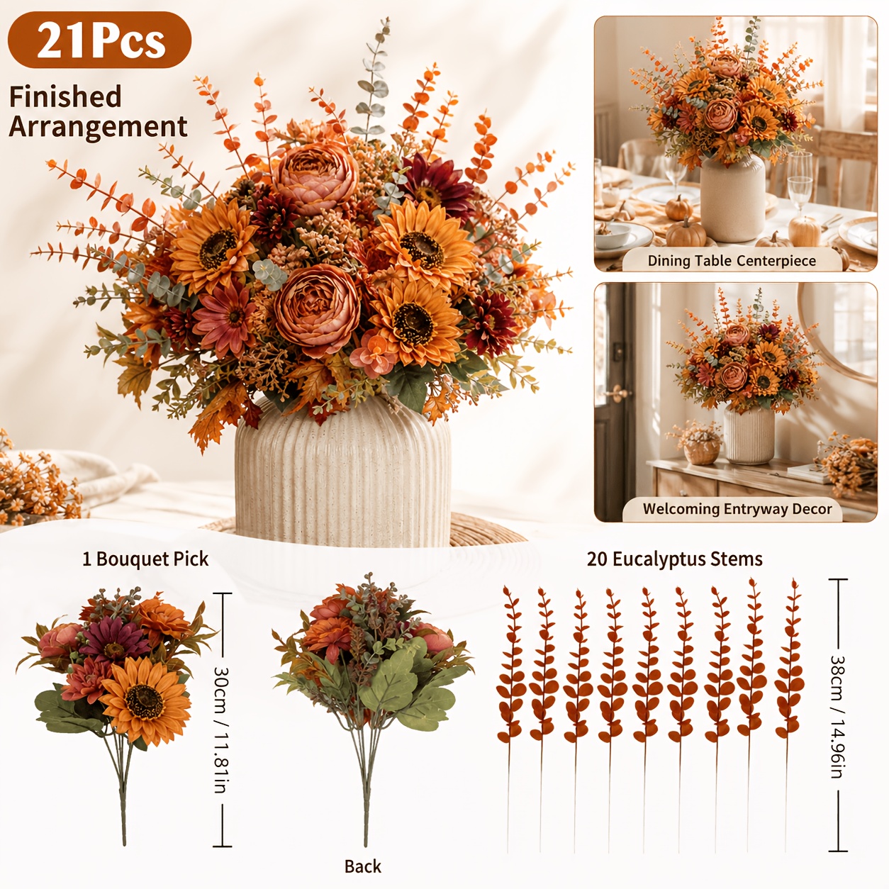 TEMU 21pcs Autumn Warm- Mixed Artificial Flower Bouquet, Featuring Sunflowers, Maroon Roses, Peony-red And Orange Mini Daisies, Light Champagne Small