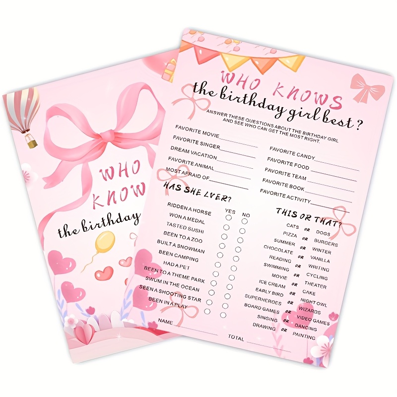 20pcs of Pink Birthday Party Game Cards - Pink Bow Theme Sleepover Party Supplies - Creative Ideas for Birthday Night Games