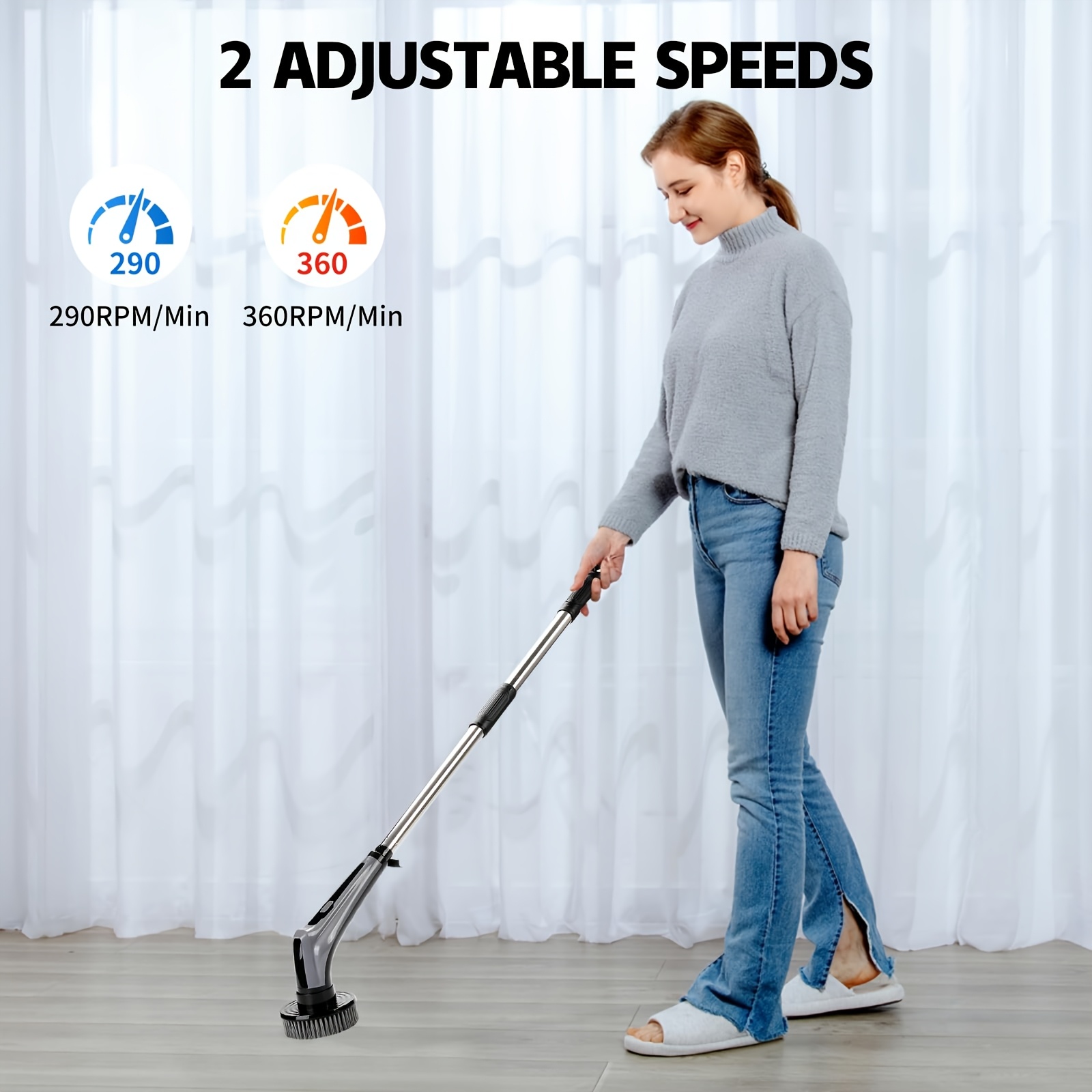 Electric Rotary Scrubber, Adjustable Long Handle Electric Cleaning Brush, 8 Replaceablebrush Heads, 2 , Used For Floors, Windows, Bathtubs, Tiles, Sinks, Cars, Kitchens